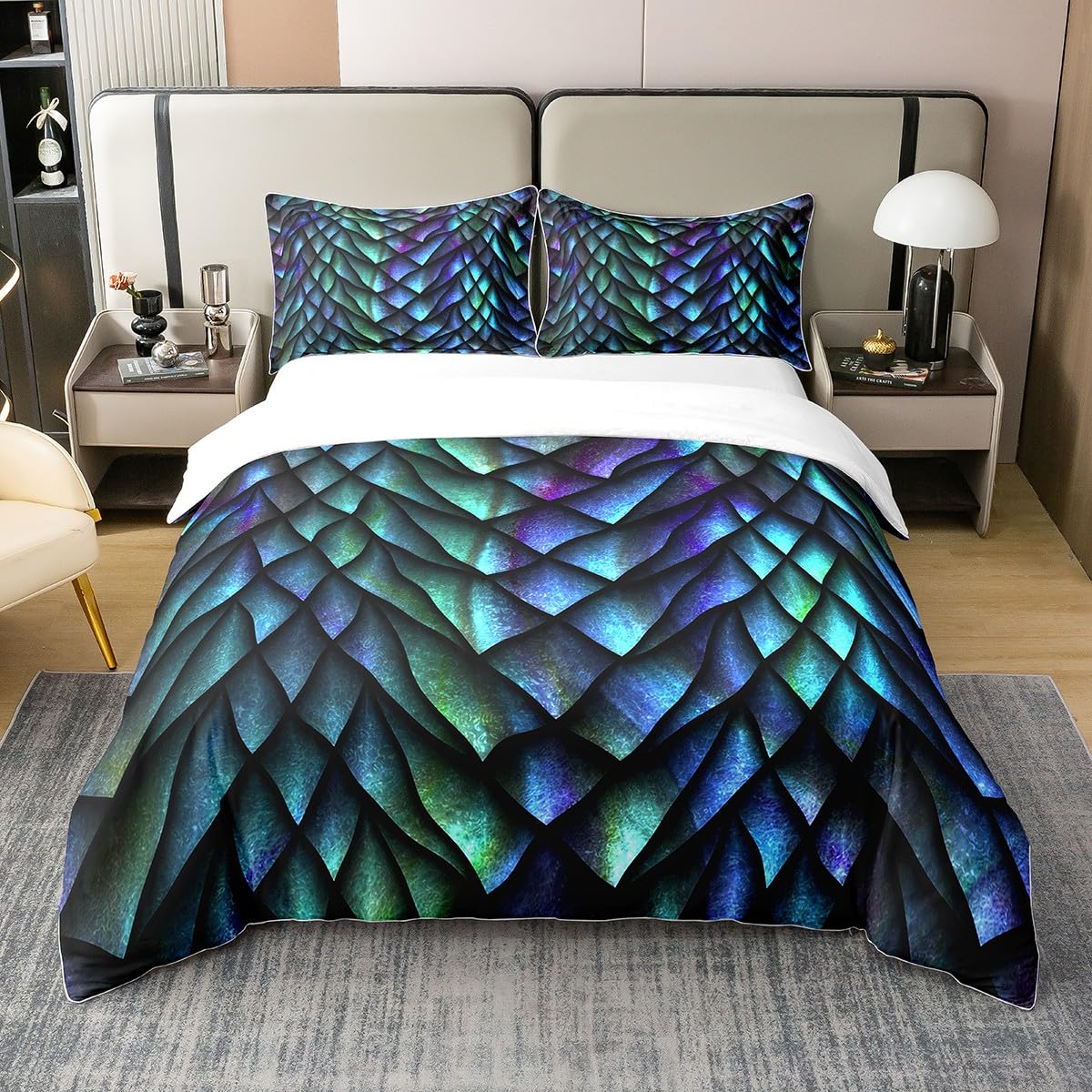 Loussiesd Dragon 100% Cotton Duvet Cover Single Size Dragon Scales Bedding Cotton Duvet Cover Set room Car Reversible Traditional Chinese Style Blue Green Comforter Cover Set