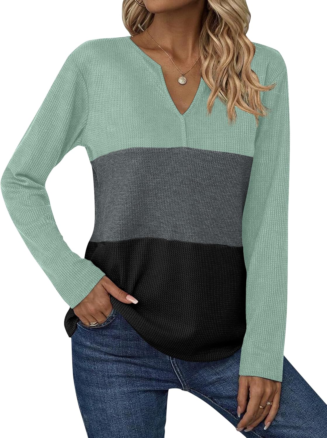 Zeagoo Women's Waffle Shirts V Neck Long Sleeve Tops Color Block T-Shirts Casual Pullover Tunics 2025 Fashion Basic Tees - Image 2