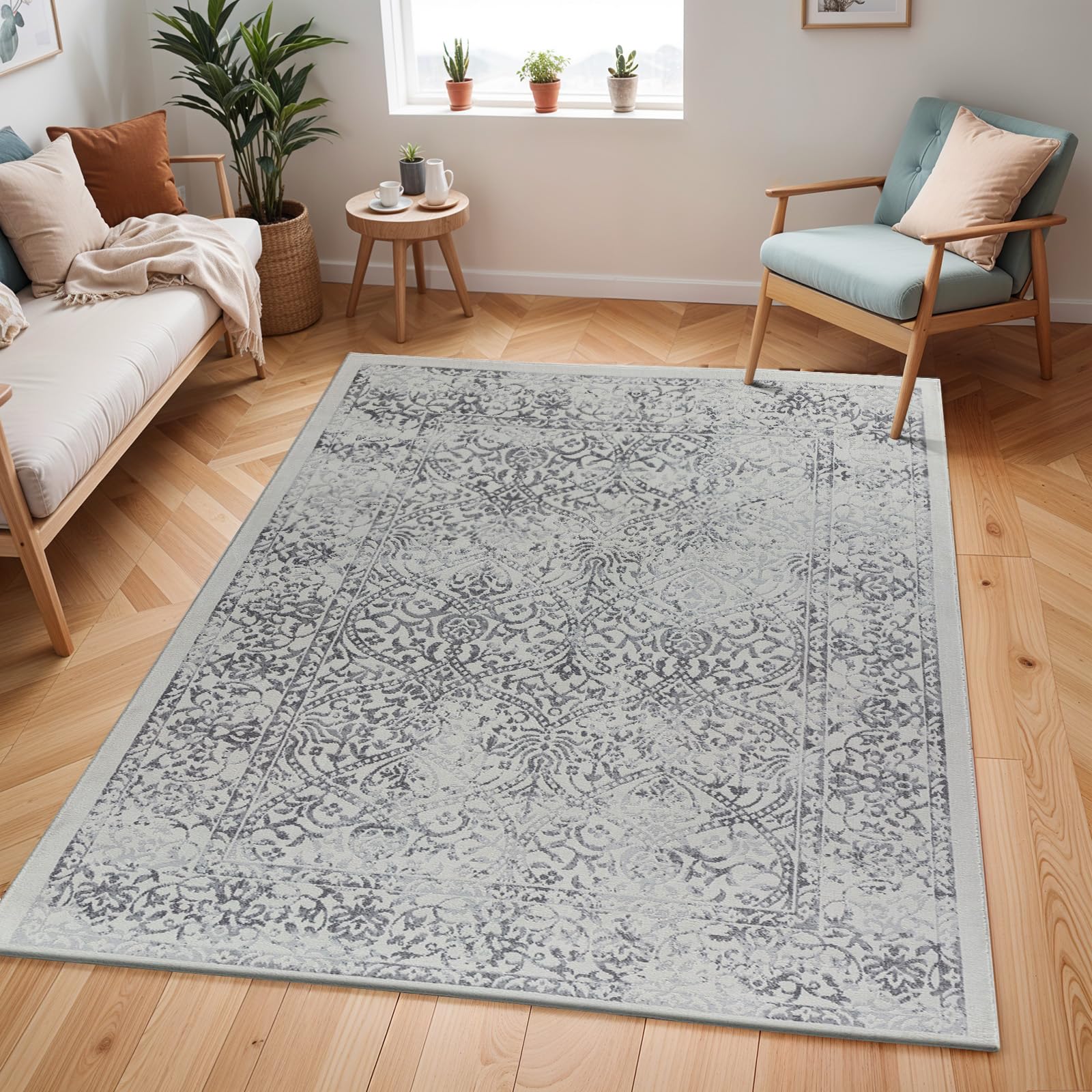 Livabliss Floransa-Vintage Charcoal Ivory Grey Traditional Boho Living Dining Bedroom Rug 80 X 220 Cm Easy CareNon Shedding from B&Q