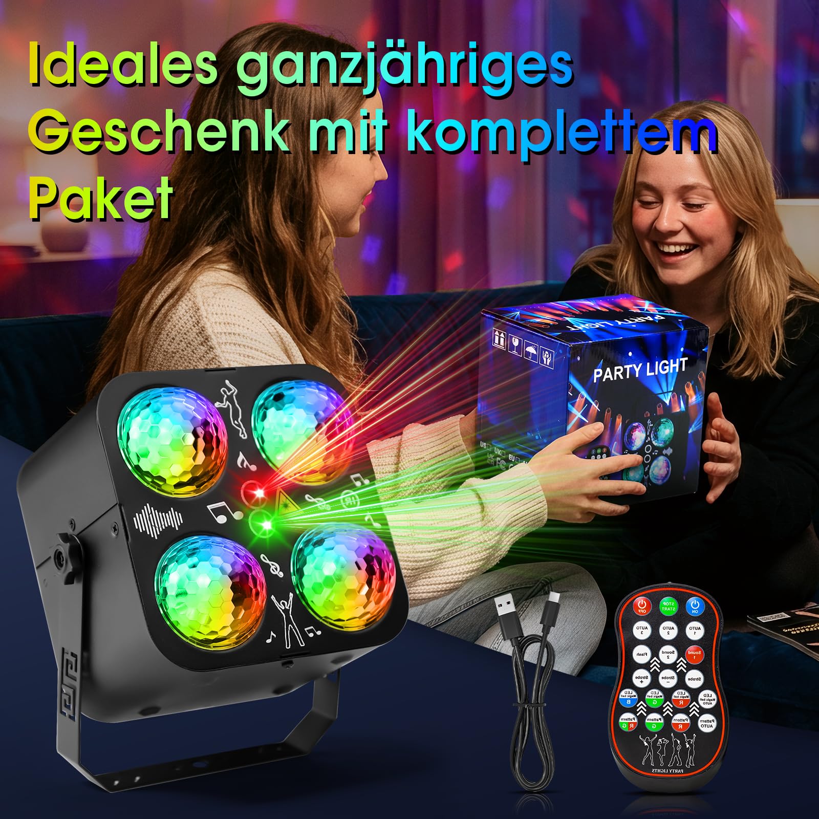 Discolichter für Partys, 3 Modi: Tonaktiviert/Fernbedienung/Auto, mit 4 Discokugeln und 2 Hauptlichtern, 64 Muster, ideal für Zuhause, Geburtstage, Karaoke, Tanzen, Bars, KTV, Clubs