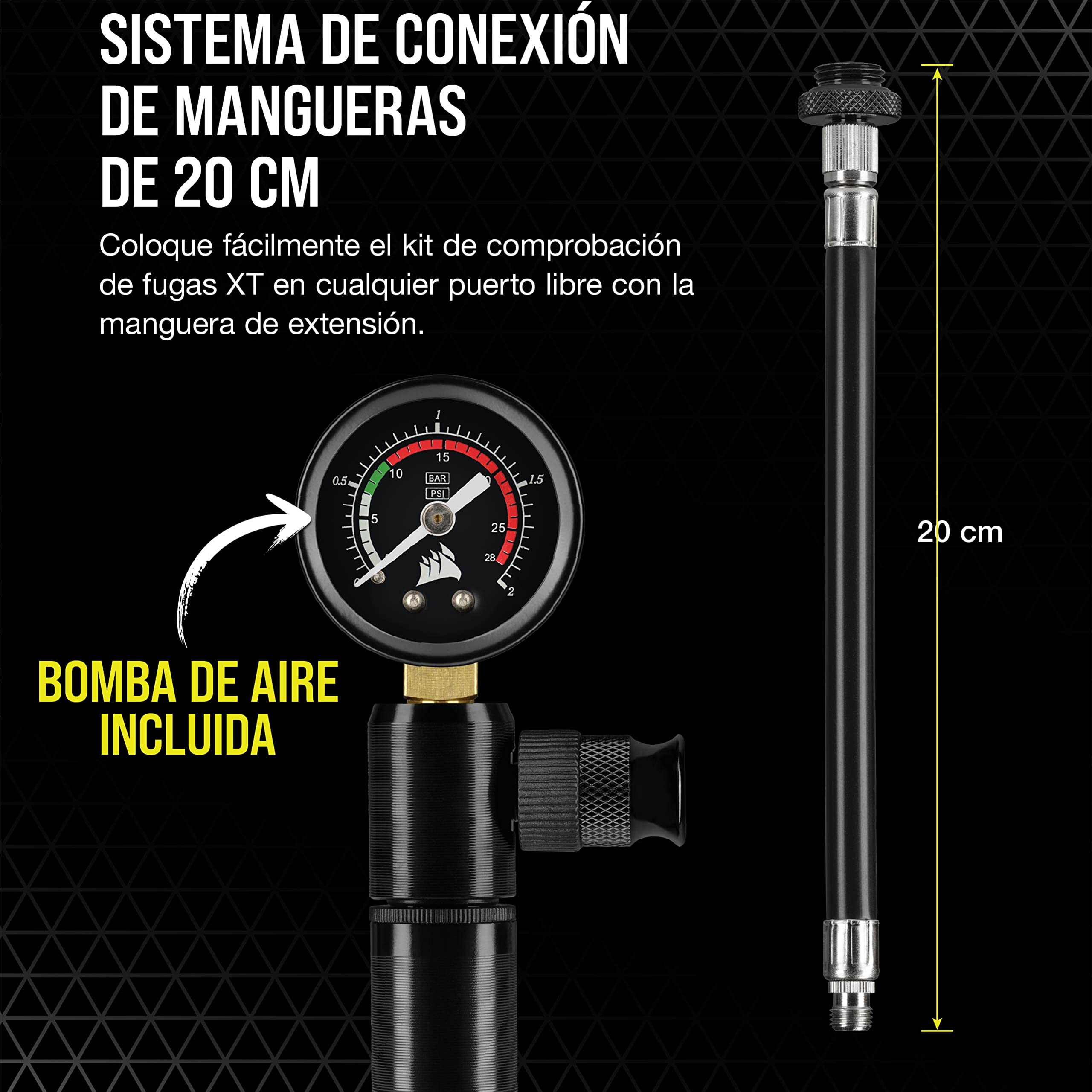 Corsair Hydro X Series XT Kit de Herramientas comprobación de Fugas de presión (Rápido y Seguro Bomba de Aire Manual Lectura de presión precisa Conexión de mangueras de 20 cm) Negro (CX-9071002-WW)