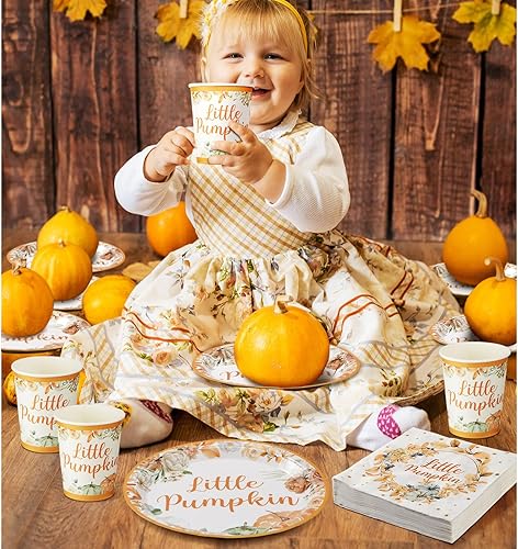 Miniatura 5 de Juego de 150 piezas de decoración de fiesta de baby shower de calabaza pequeña sirve 50 vajillas desechables de otoño, platos de postre, tazas,