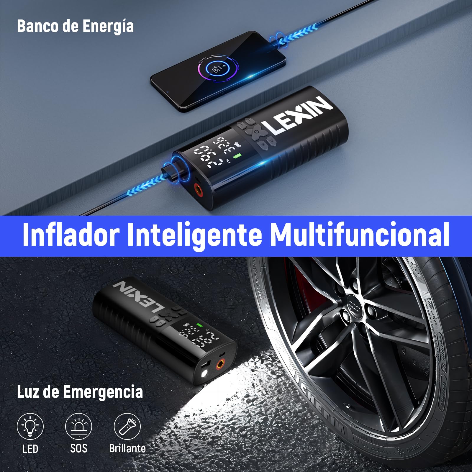 LEXIN P4 Compresor de Aire Portatil 150 PSI, Inflador Eléctrico 4000mAh | Bomba Aire con Pantalla LCD, Potente, Ligero, con Válvula Presta/Schrader para Moto/Coche/Bicicleta/Pelota/Scoote