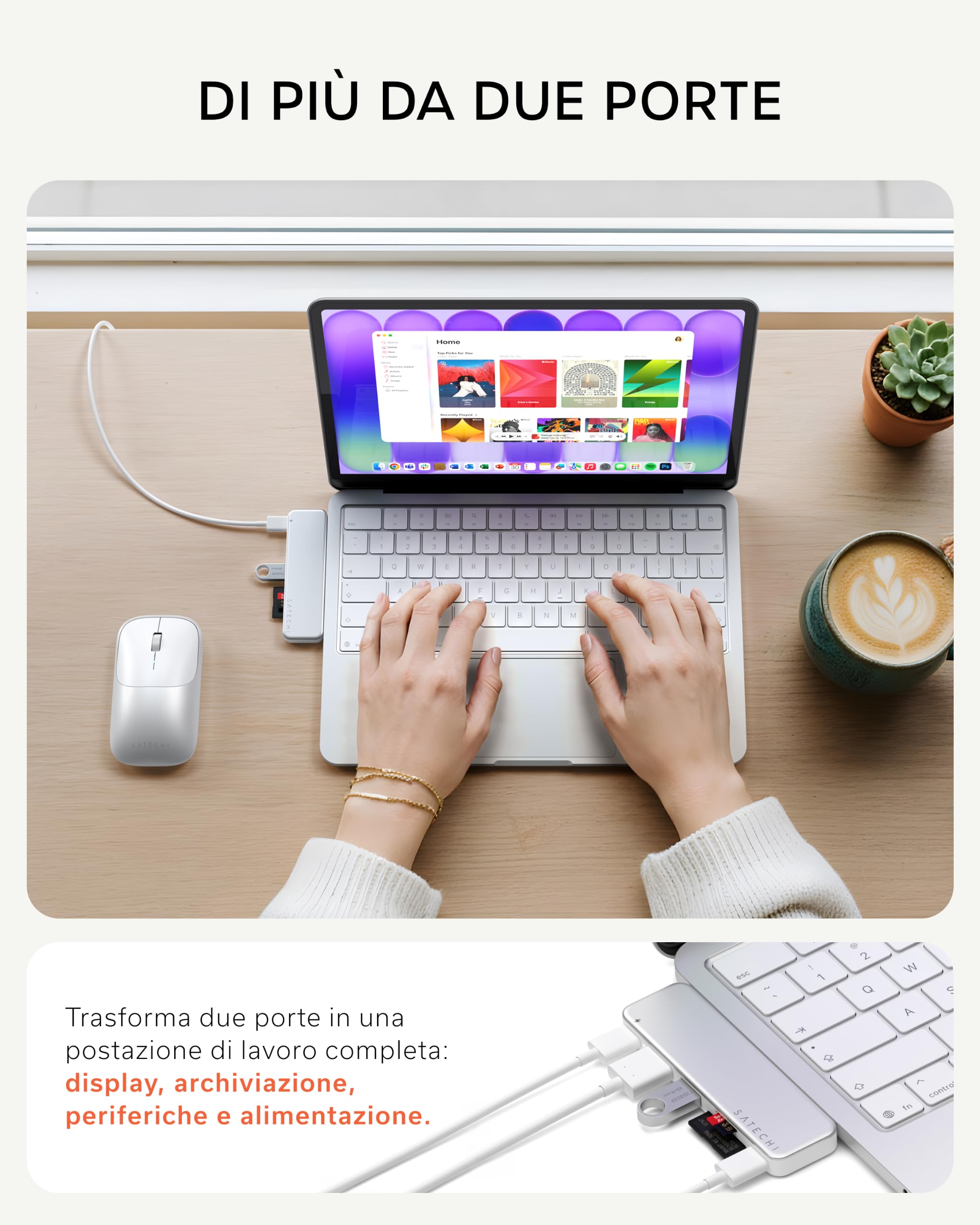SATECHI Snap Hub USB C 6 in 2 per MacBook Neo, Ricarica 45W, Argento | Progettato per MacBook Neo con doppio connettore integrato, 4K@60Hz, lettori SD/microSD, USB-A e USB-C 5Gbps