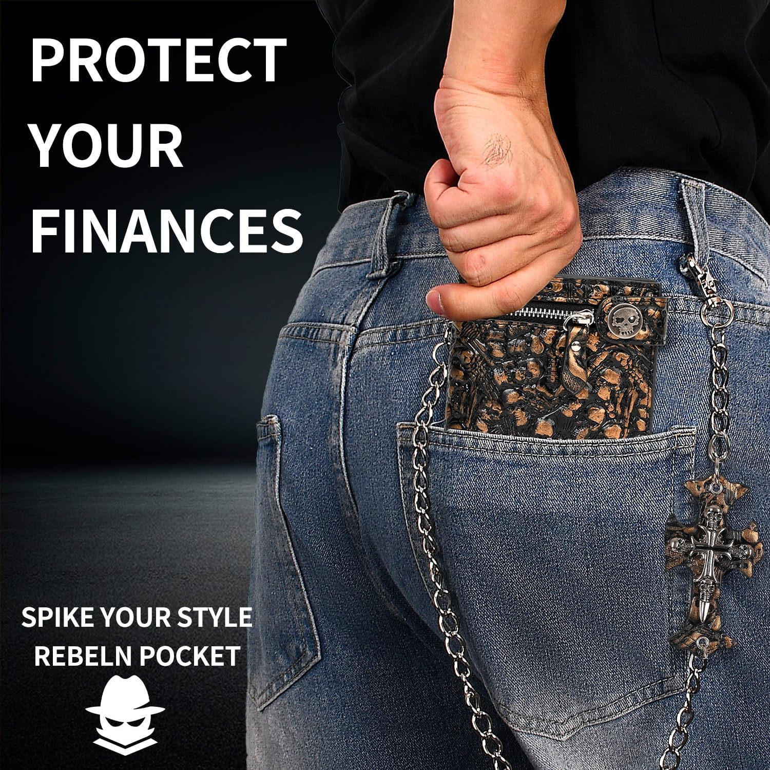 Unisex Gothic Punk Skull Chain Wallet - Bifold Faux Leather, Halloween Goth Accessories - Gold - Image 4