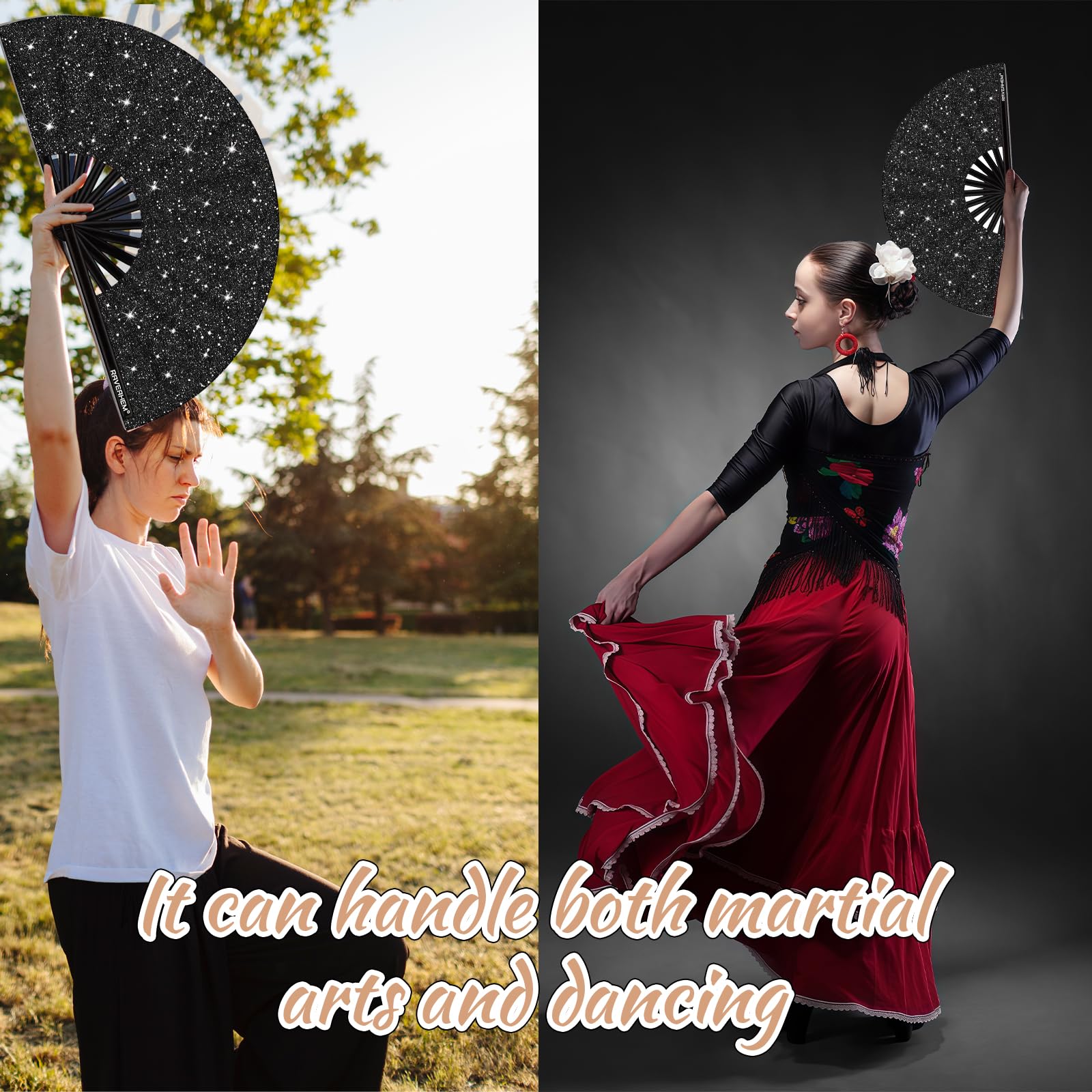Yamobi Grande Abanico de Mano - Abanico Plegable para Mujeres, 33 cm con Brillo - Negro, Ideal para Festivales EDM, Rave, Fiestas y presentaciones de Baile