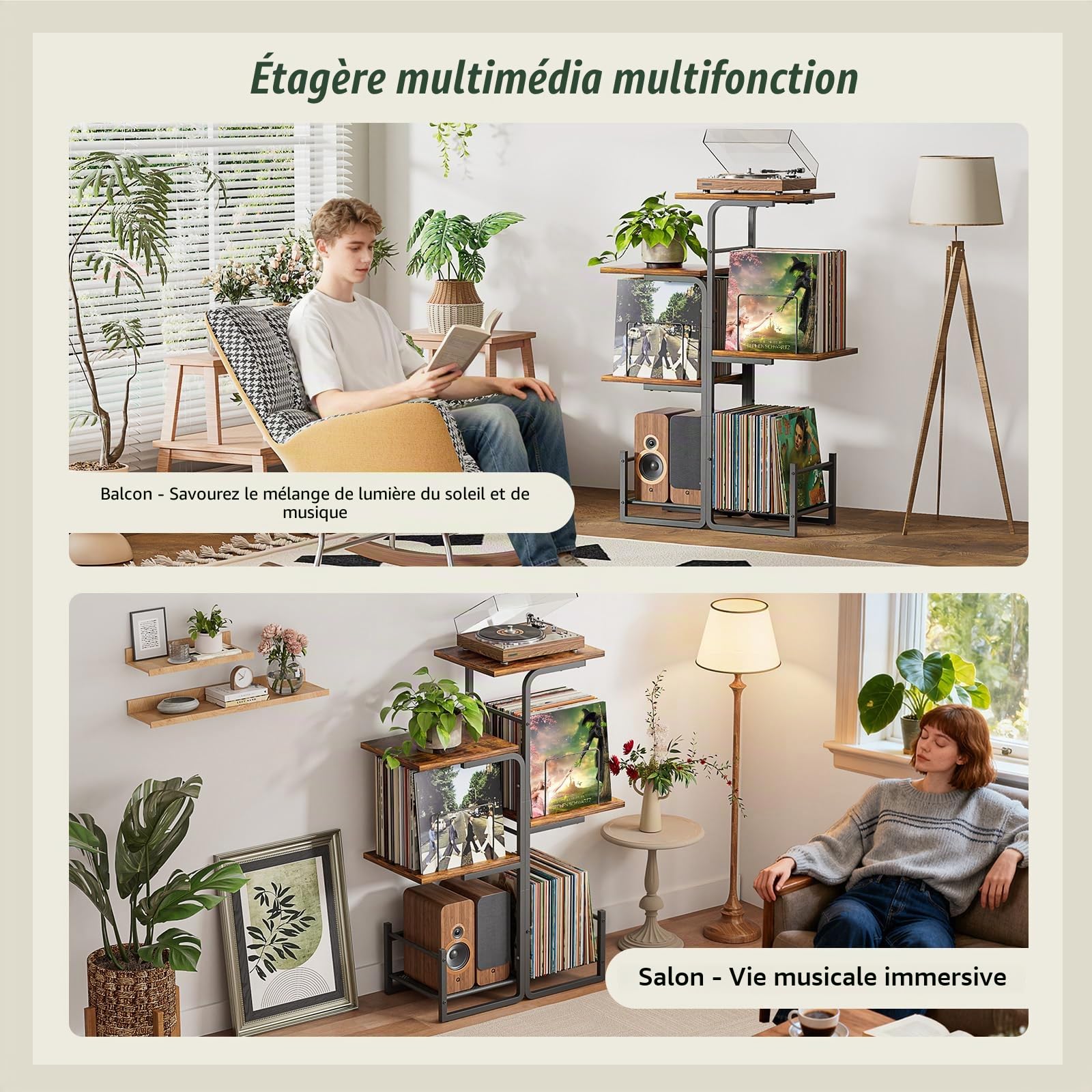 Bikoney Meuble Tourne-Disque Style Vintage avec Grand Rangement Vinyles, Support Platine Vinyle Inspiré Jardinière, Étagère LP et Présentoir Albums pour Salon, Chambre et Petits Espaces