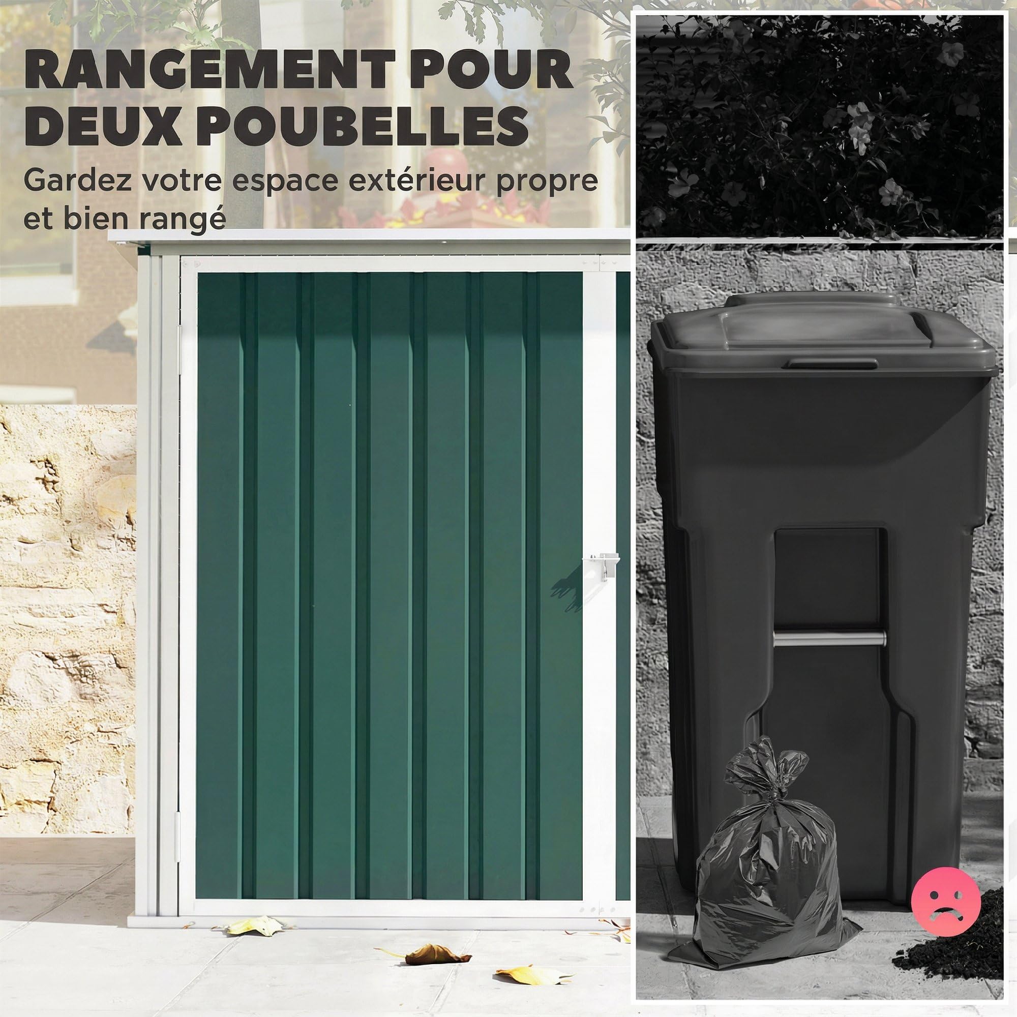 Outsunny Cache Poubelle Double Acier Galvanisé pour 2 Poubelles de 240L - Abri de Jardin avec Couvercle Lié par Chaînes, Vérins à Gaz et Portes Verrouillables - Coffre de Jardin 179,5x108x129,5cm Vert