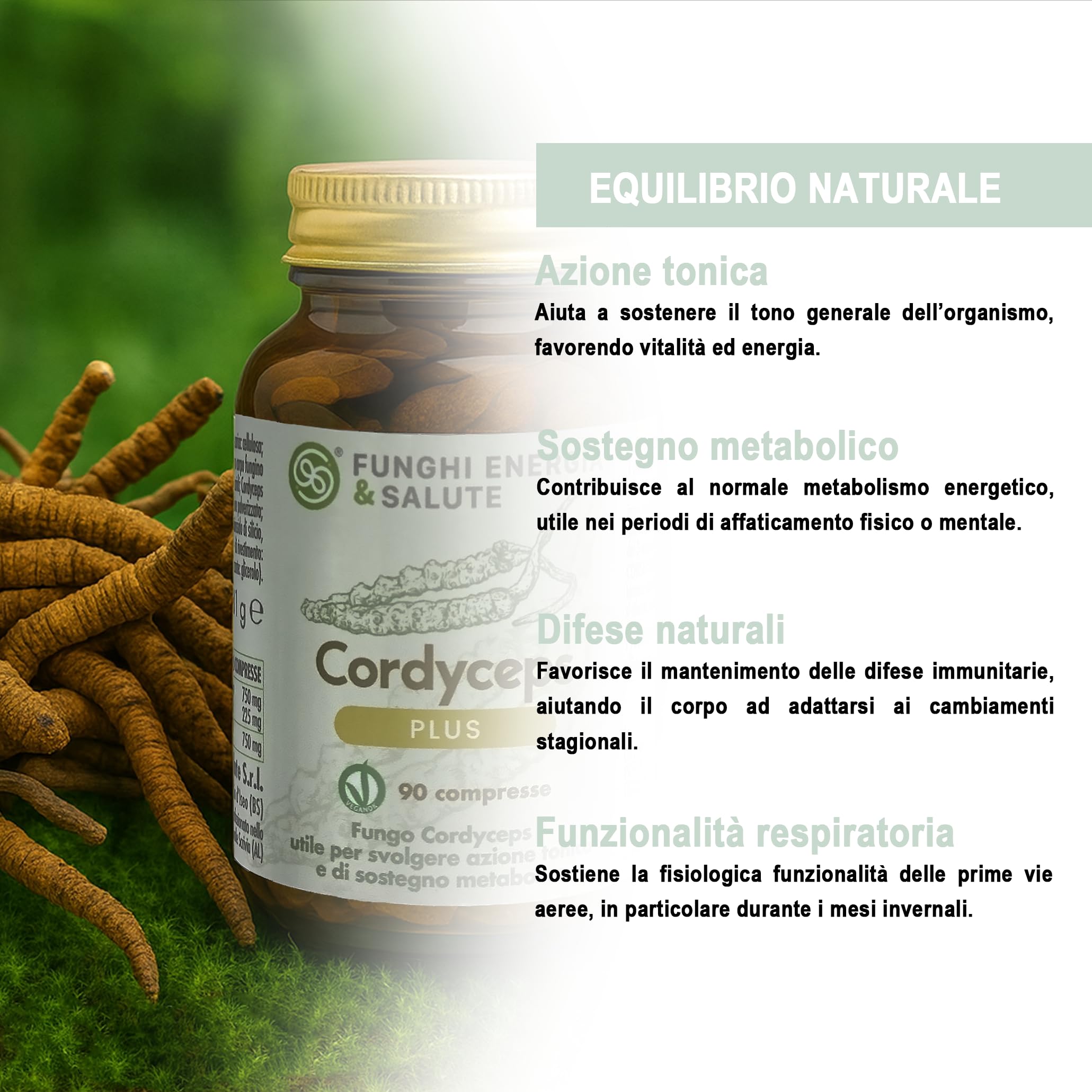 Cordyceps Plus, Integratore con Funghi Medicinali, 90 Compresse, Cordyceps sinensis 50% Sporoforo, 50% Estratto Secco Titolato, 30% Polisaccaridi, VeganOK, No Glutine, No Lattosio, No OGM