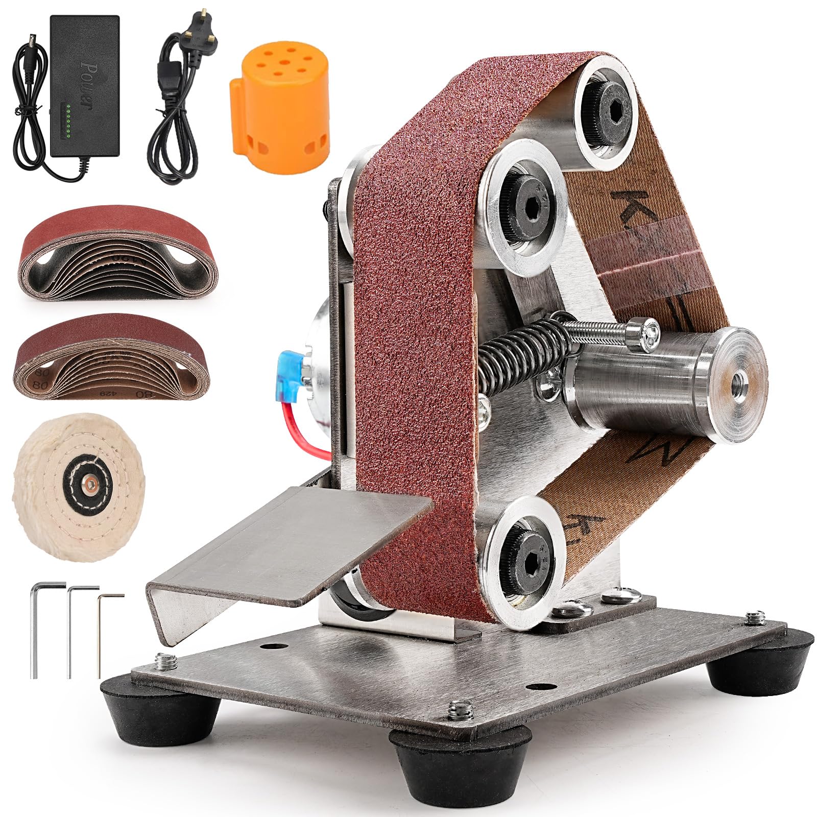 SI FANG Mini Electric Belt-Sander DIY Power Sanding-Polishing Machines Kit, 7 Speed Adjustable Bench Belt Grinder Sharpener, 20Pcs 330x30mm Belts for Knife Making, Metal Wood Working, Craft (UK Plug)