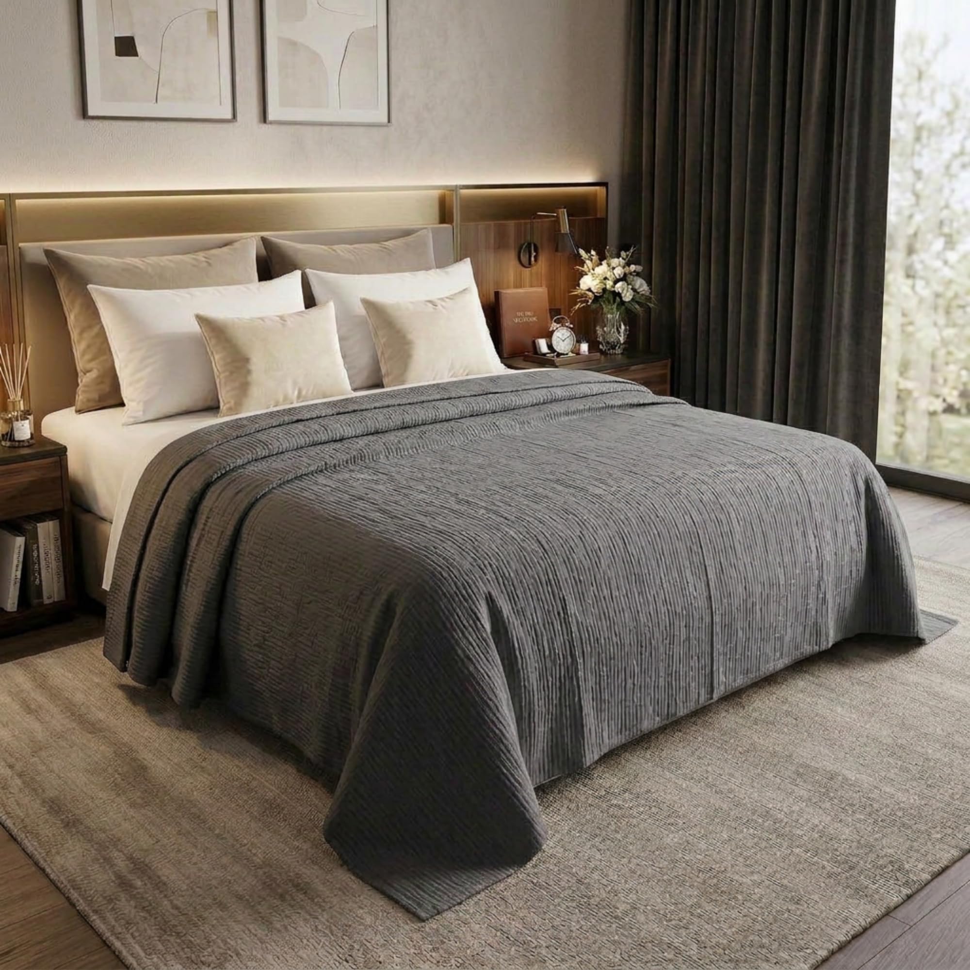 100% Cotton Muslin AC Blanket | 4 Layer Textured Breathable Summer Throw | Lightweight Blanket for AC Rooms | All Season Comfort Dohar | 200x220 cm | Dark Grey-image-47