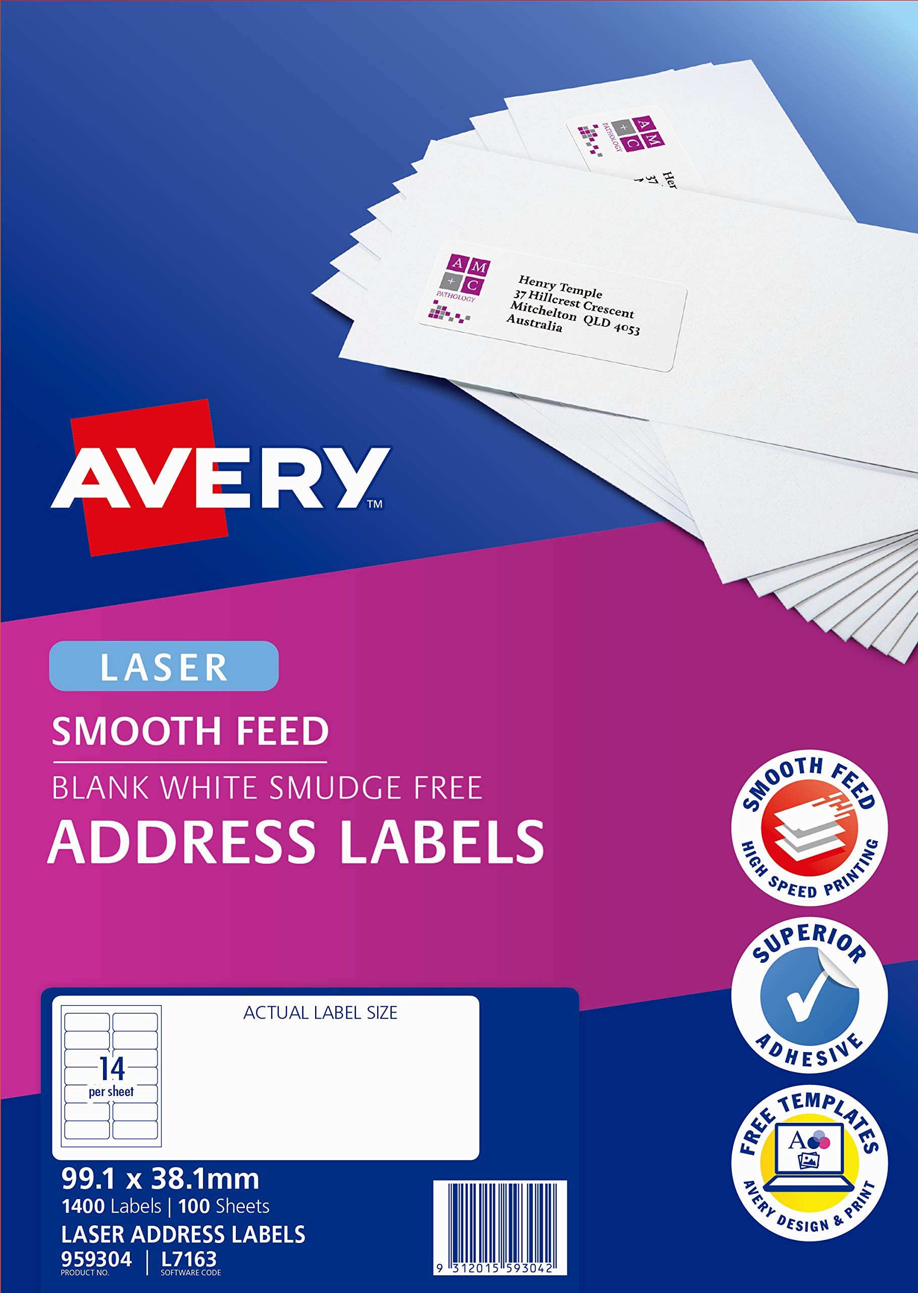 Avery L7163 - Etichette per indirizzi di alimentazione liscia, 99,1 x 38,1 mm, 1400 etichette (959304 / L7163)