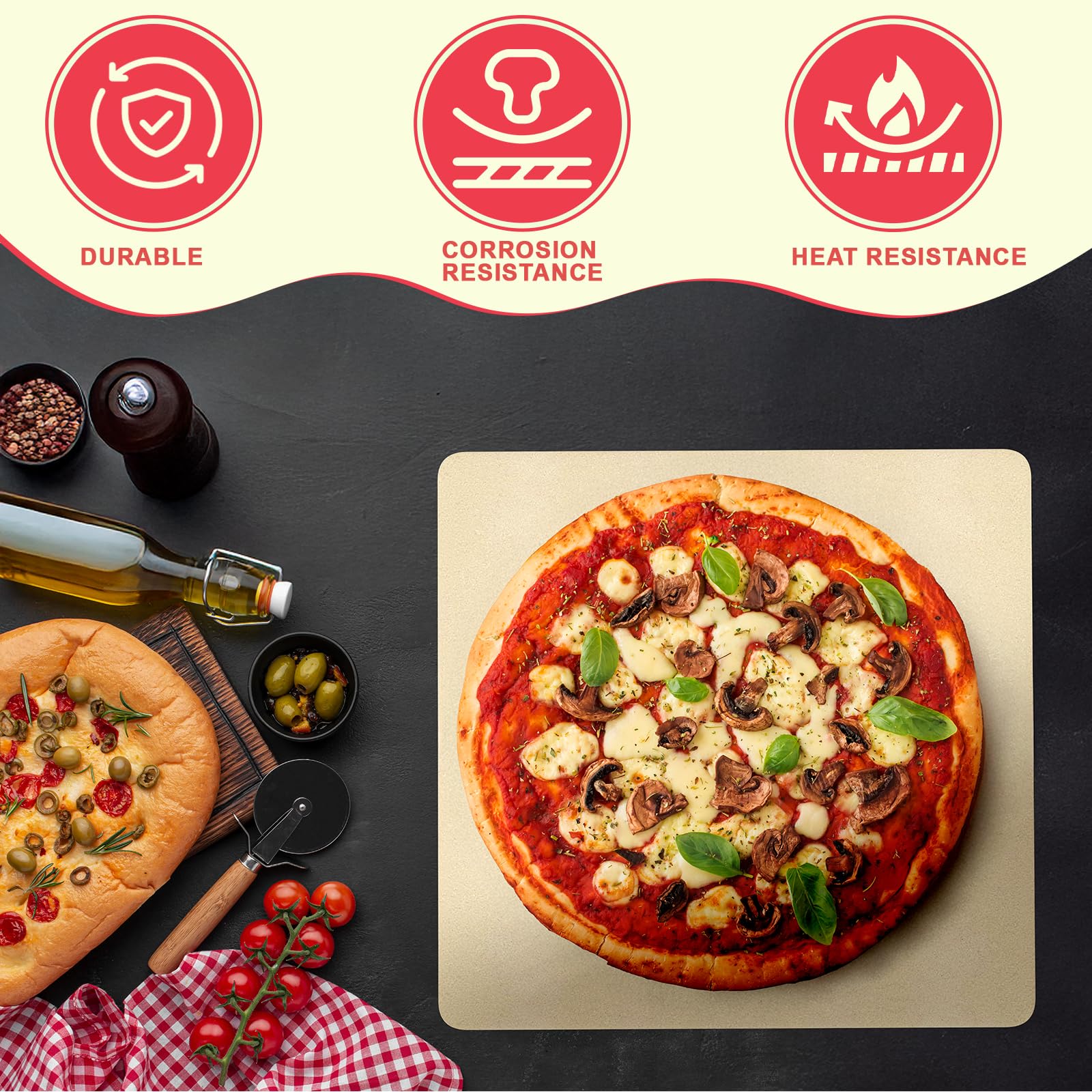 40,6 cm quadratischer Pizzastein für Ninja FlexFlame Grill und Ofen, Universal Großer Keramikstein mit Pizzaschieber & Kunststoffschaber für Ninja Flex Flame Zubehör, Kit zum Kochen von Brot, Calzones