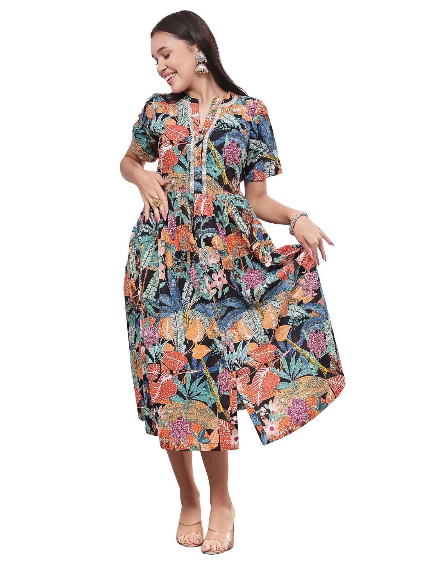 Maternity & Nursing Dress | Cotton Feeding Dress with Metallic Lace, Side Sash & Pockets | Zipless Pregnancy & Postpartum Friendly-image-36