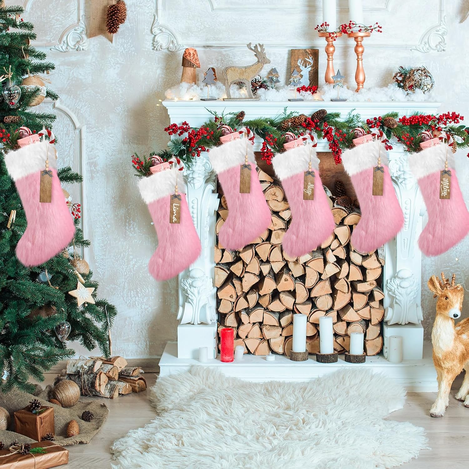 6Pcs Personalized Christmas Stockings with Name Tags 18 Inch Large Xmas Faux Fur Stockings Plush Fur Hanging Ornament 2026 Christmas Stockings for Christmas Home Decor(Pink)