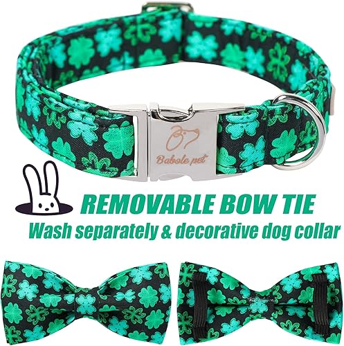 Miniatura 5 de Collares de perro con trébol del día de San Patricio con pajarita, algodón suave de trébol negro con hebilla de metal de seguridad, collares