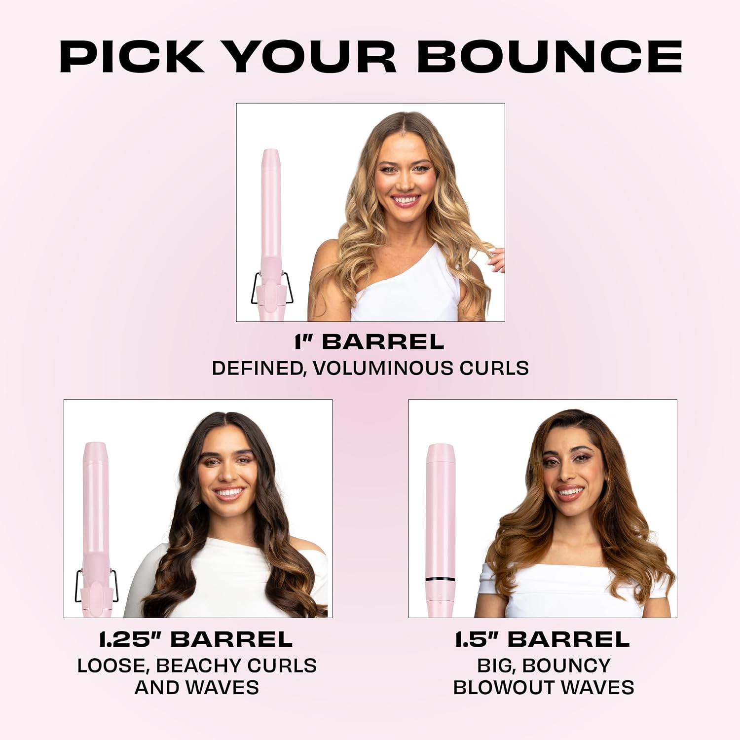 FoxyBae 3-in-1 Ceramic Curling Wand - Ionic Professional Curling Iron with Negative Ion & Temperature Control - Blush
