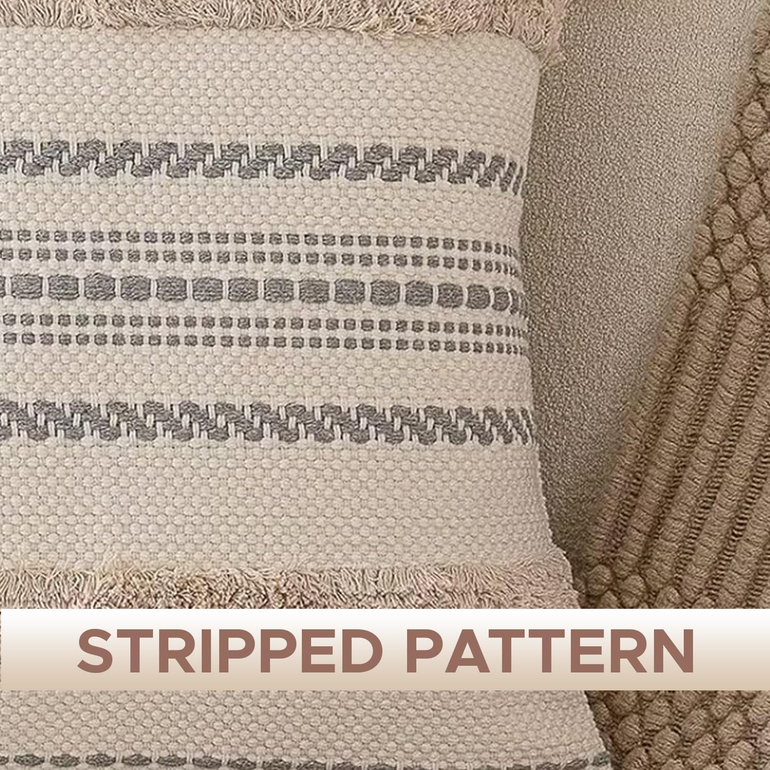 Boho Throw Pillow Covers 18x18 Set of 2, Woven Tufted Farmhouse Pillows with Tassels, Textured Striped Cushion Cases, Neutral Beige Decorative Pillow Covers for Sofa, Couch, Bed, Modern Home Decor