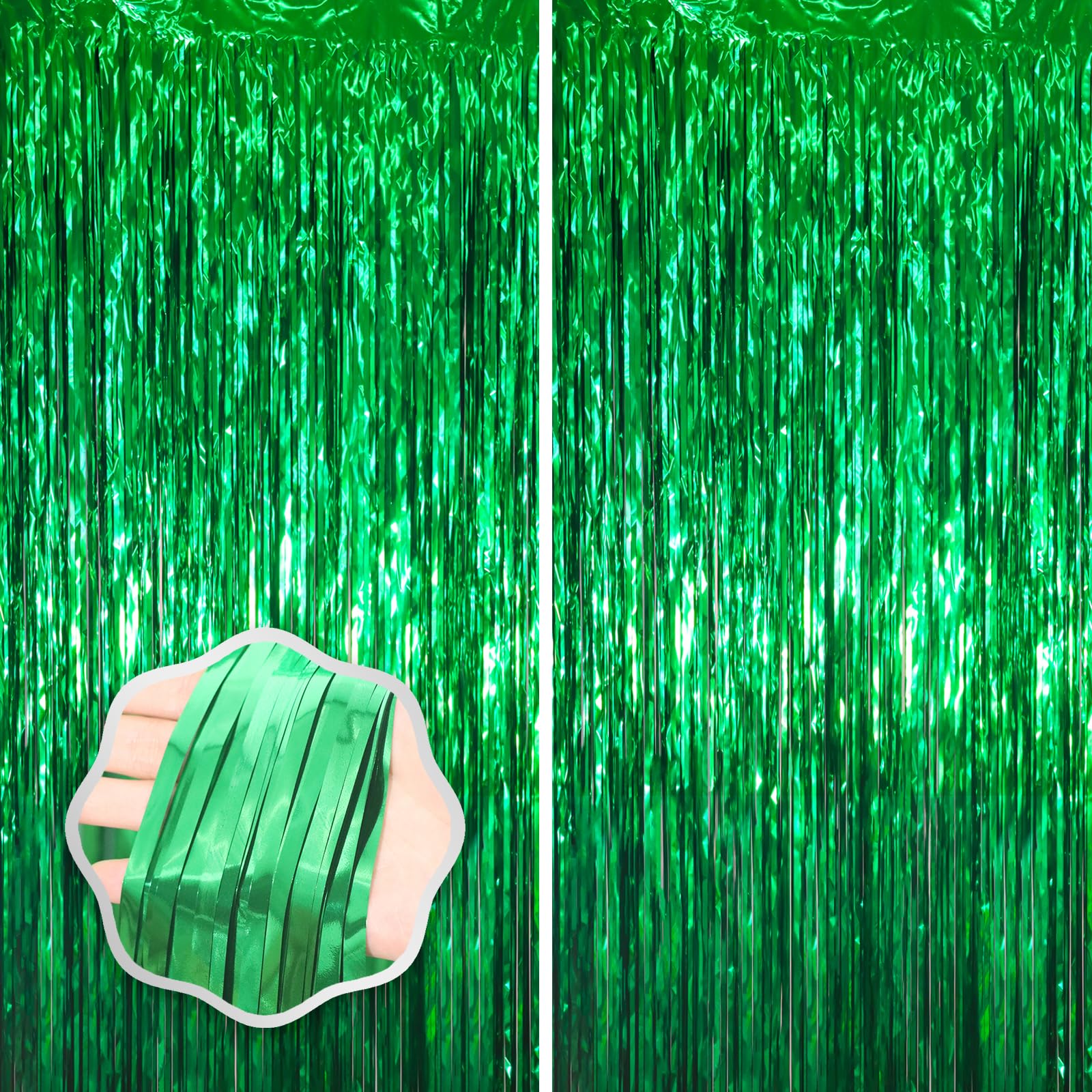 Voircoloria Green Foil Fringe Backdrop Curtains,3.3x6.6ft, 2 Pack