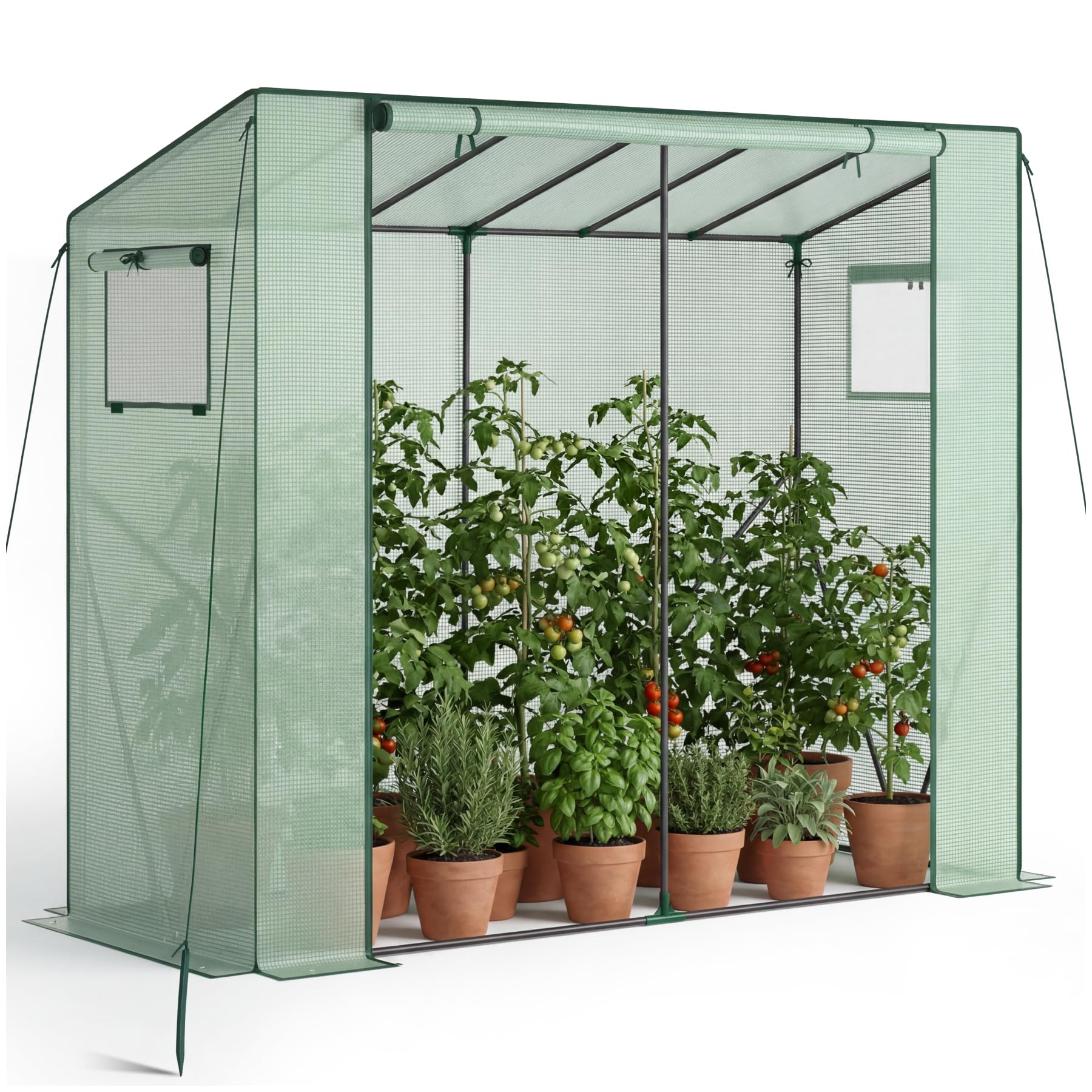 tectake® Serra da Giardino 200x77x170 cm, Copertura Retinata, Telaio in Acciaio, Resistente Intemperie e UV, 2 Finestre Laterali, Porta Avvolgibile, Serra per Orto, Giardinaggio, Piante - Verde