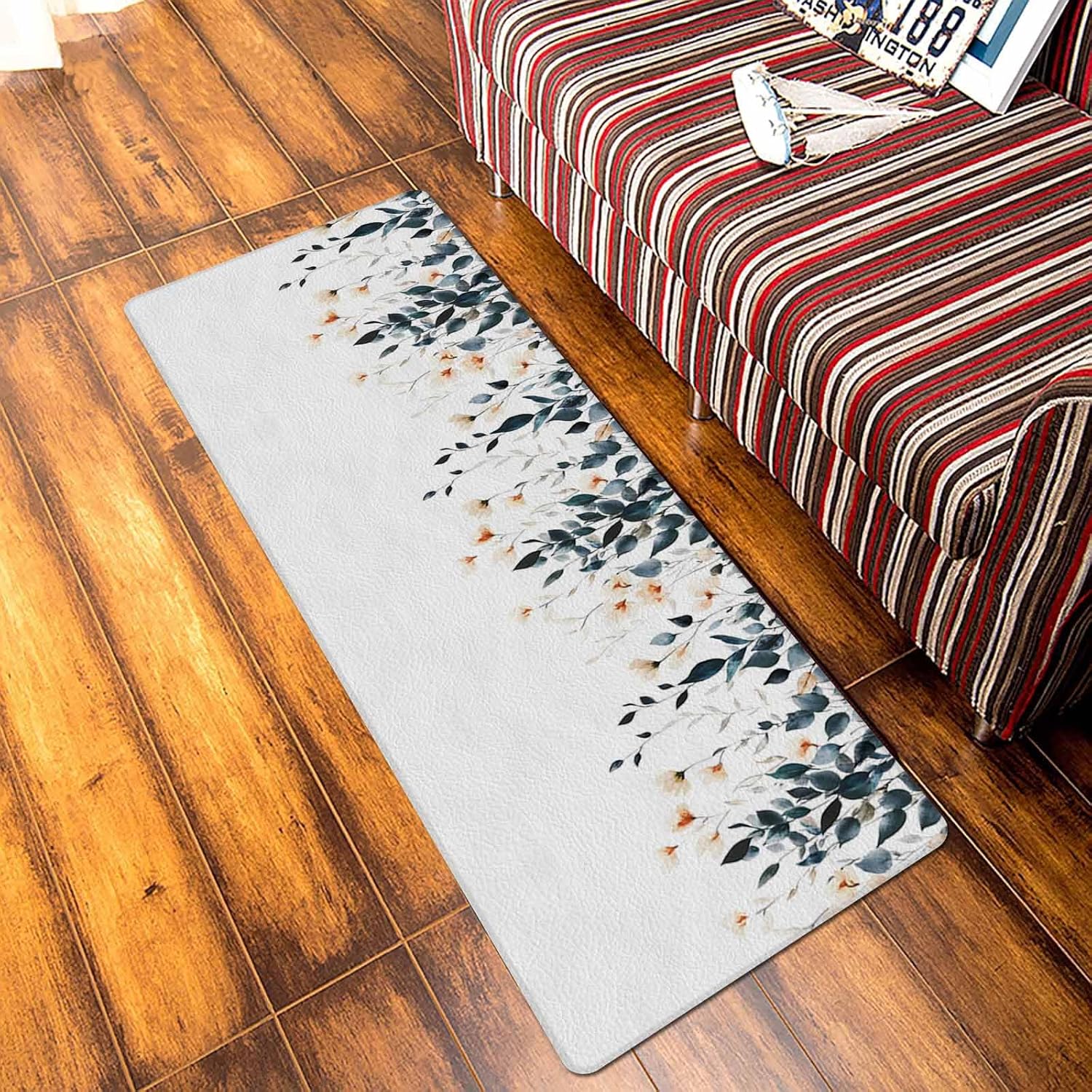 キッチンマット ドアマット 61x91cm 洗濯いらず 拭ける 描述 速乾 PVCレザー 台所 花柄 秋 水彩画 葉っぱ 撥水 防汚
