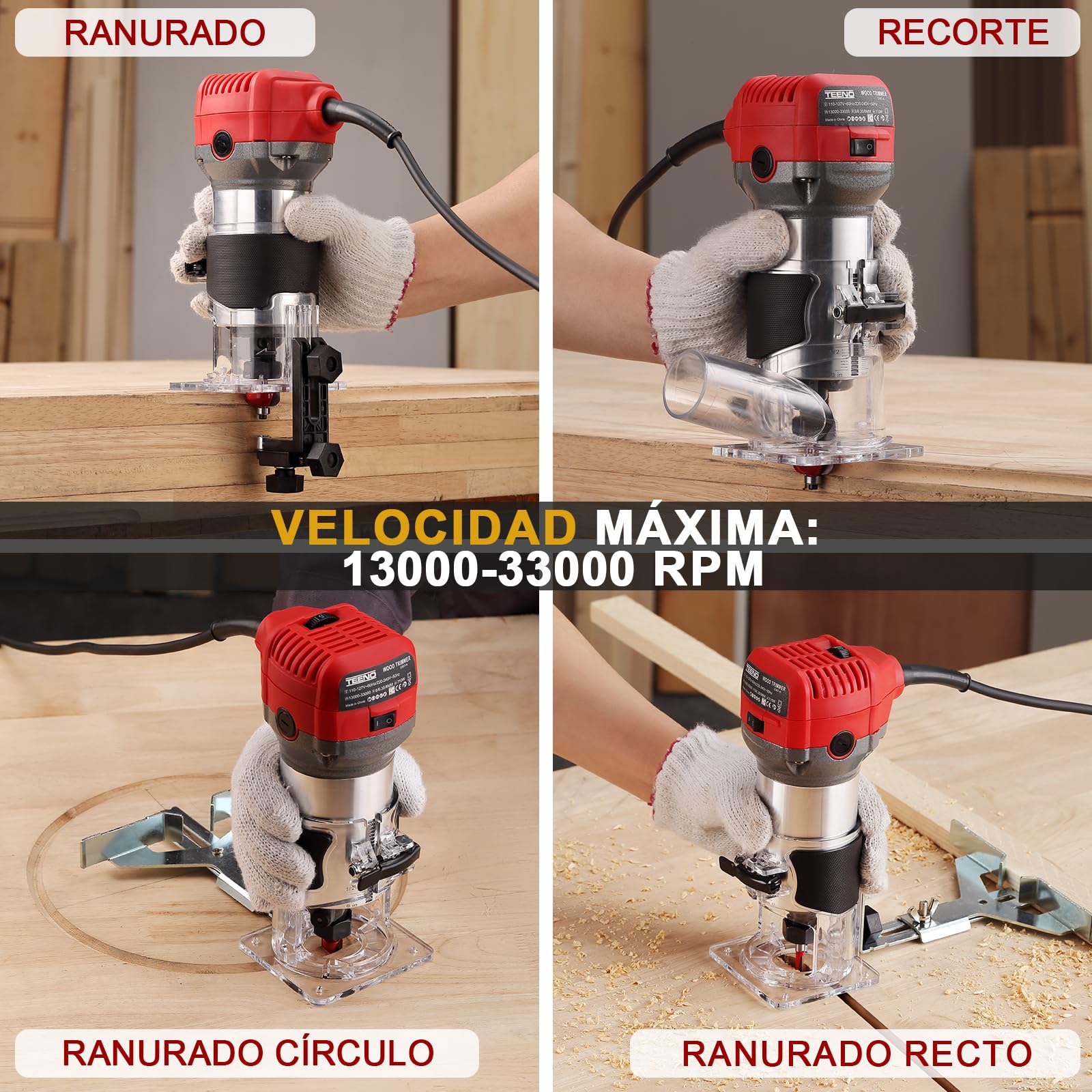 TEENO Fresadora De Madera Rebajadora Eléctrica 800W 13000-33000 RPM CON EXTRACTOR DE POLVO,5 piezas 1/4'' Alicates, 6 Velocidades Variables, Pinza De Base Fija De 6/6.35/8MM,Con Bolsa de lona