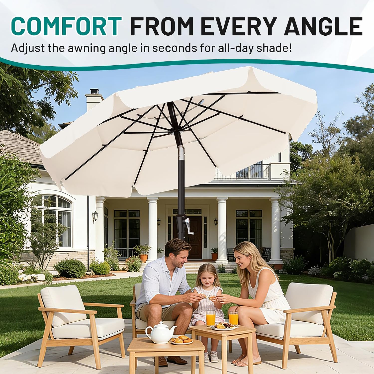 AreShark 10FT 3-Tiers Patio Umbrella with Valance, Outdoor Umbrellas with Crank/Tilt, Table Market Umbrella Vented w/ 8 Sturdy Ribs for Garden, Deck, Backyard, and Pool, Cream White