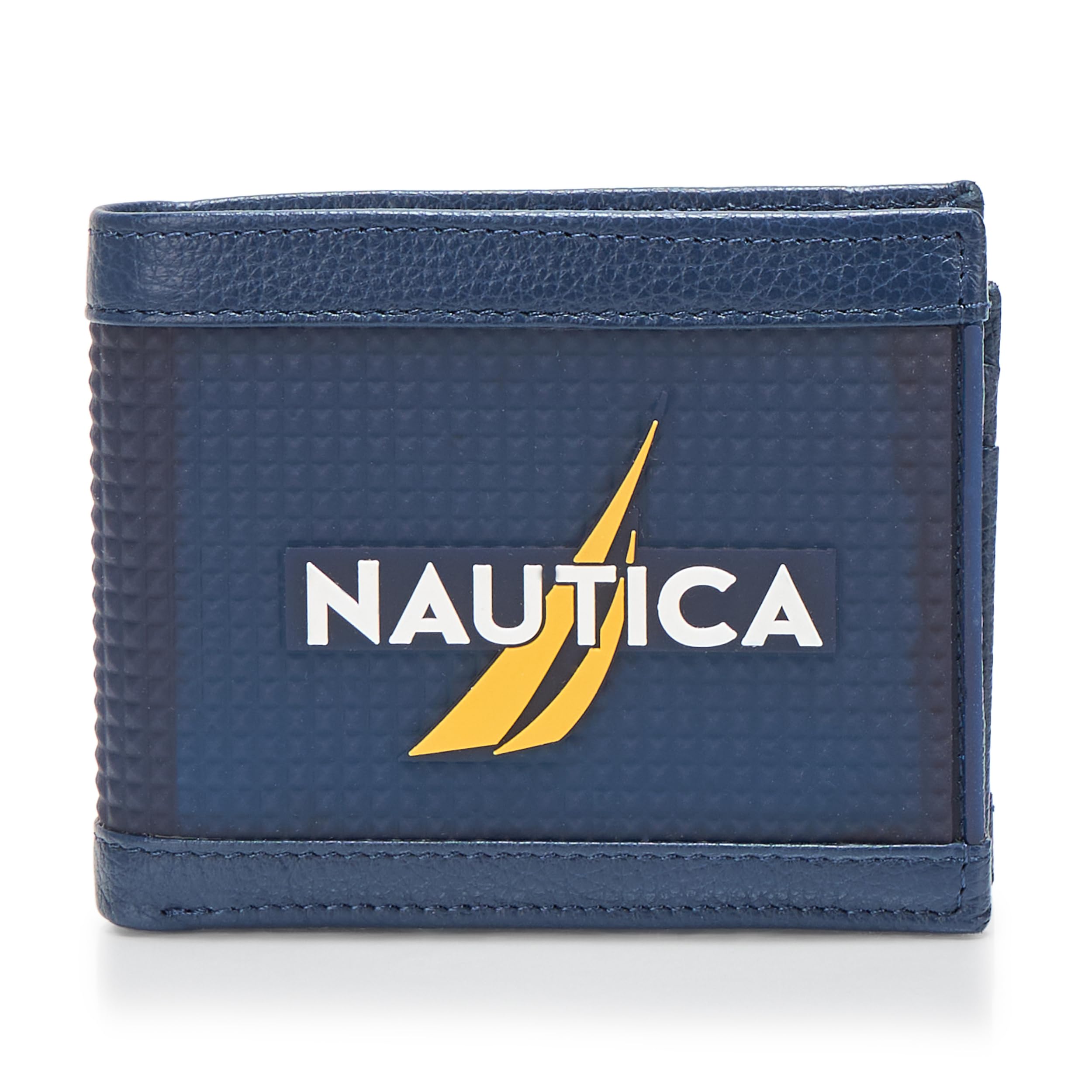 Nautica Men's Bifold Leather Wallet | RFID Blocking | ID Window | Card Slots | Organization | Durable | Stylish, Rubber/Leather - Navy, One Size
