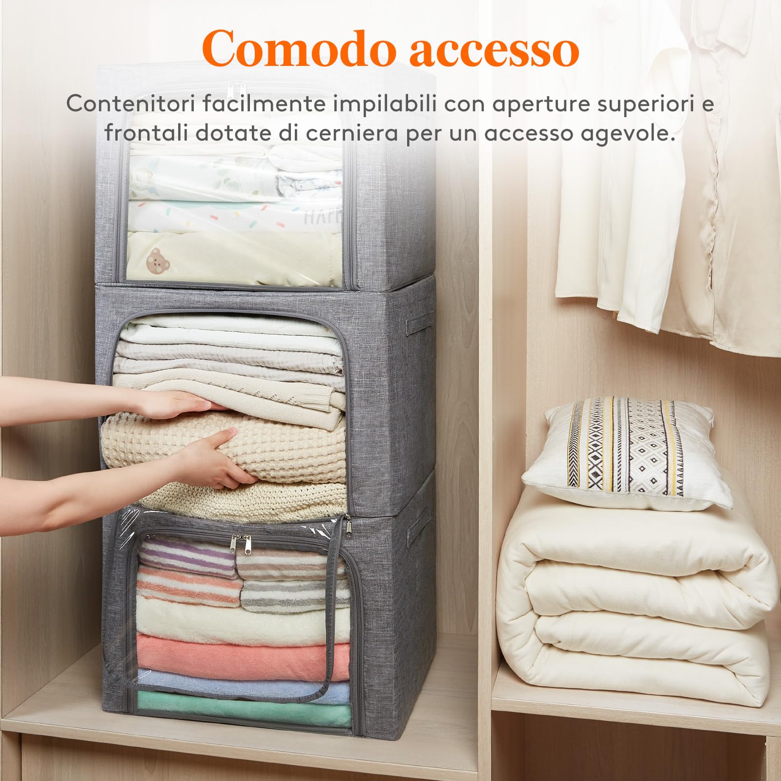 Lifewit 4 pezzi Scatole per Armadio Rigide con Cerniera, Organizzatore Armadio con Struttura in Metallo Pieghevole, Contenitori per Armadio Impilabili per Vestiti, Trapunte, Piumone, Grigio, 75L