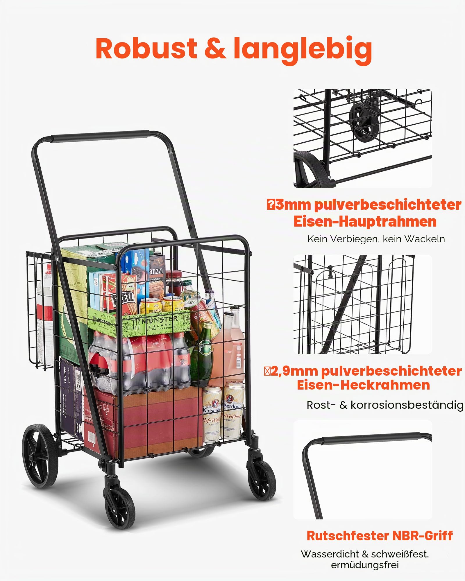 VEVOR Einkaufstrolley Einkaufswagen Klappbar 50 kg Belastbar, Einkaufsroller Handwagen Multifunktional, Shoppingtrolley Faltbar für Wäsche, Lebensmittel, Camping-Werkzeuge usw. | Jumbo-Einkaufswagen, Doppelkörbe, 360° drehbare Räder, 50 kg große Kapazität