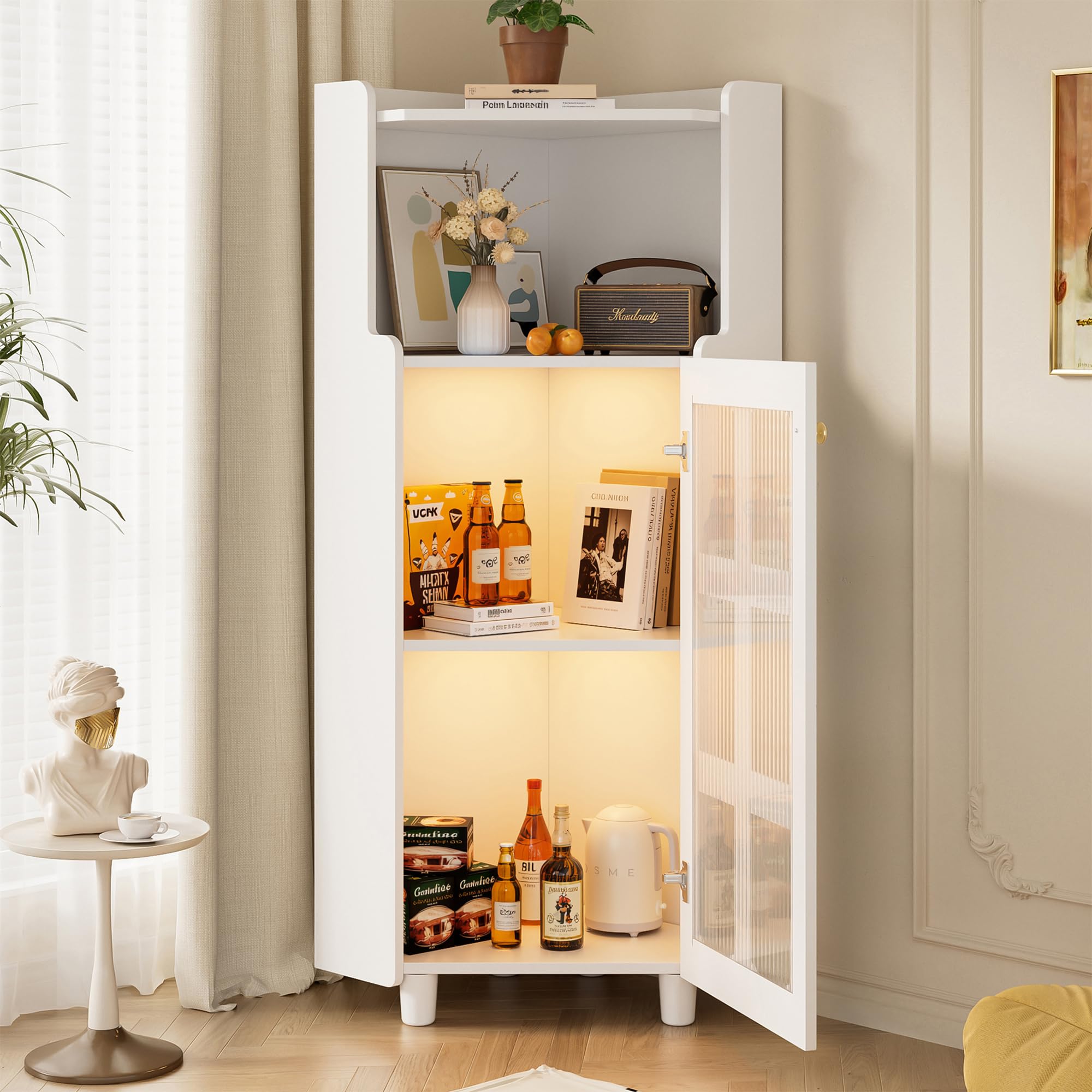 Armario esquinero de 63,5 x 124 cm, con superficie lacada e iluminación LED, moderna esquina con control de aplicación, para salón, estantería, cuarto de baño (blanco)