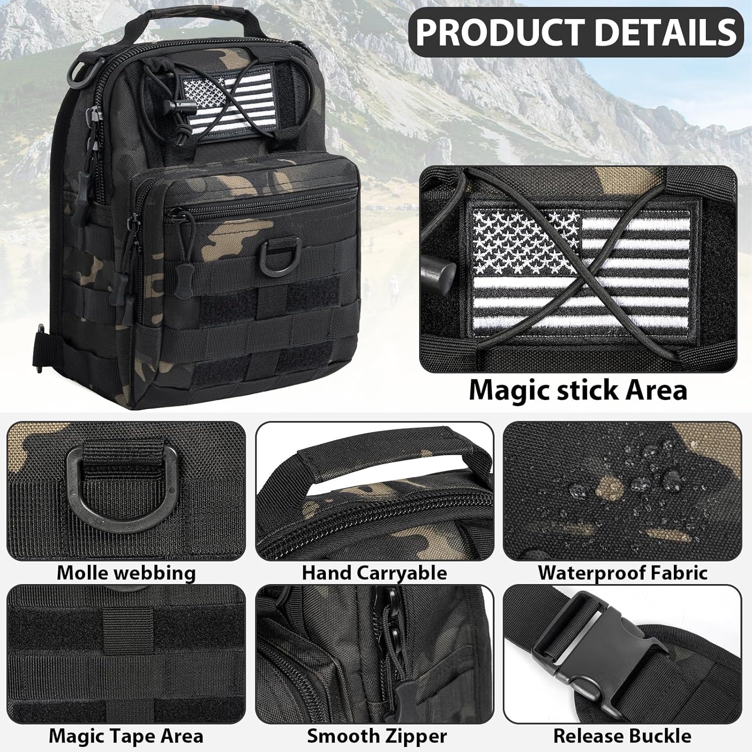 GMAK Tactical Sling Bag for Men, Small Tactical Shoulder Bag Backpack, Outdoor Military Rover Bags Travel Hiking Daypacks, EDC Crossbody Chest Bag Pack for Hiking/Cycling/Hunting, Black Camo - Image 3