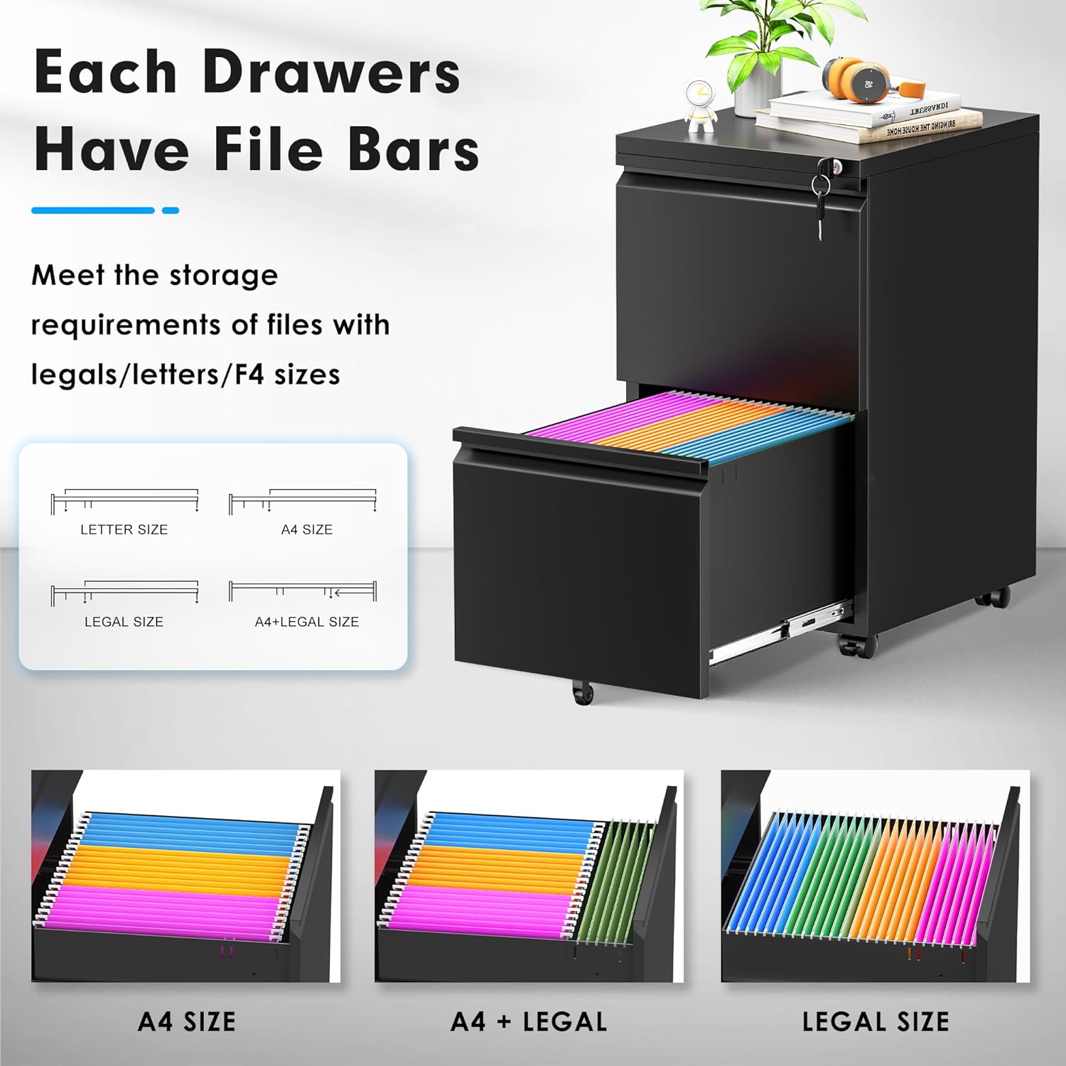 Pataku 2 Drawer File Cabinet, Small File Cabinets with Lock, Metal Rolling Filing Cabinet with 2 Drawer, Filing Cabinets for Home Office Fit A4/Letter/Legal, Easy Assembled, Black