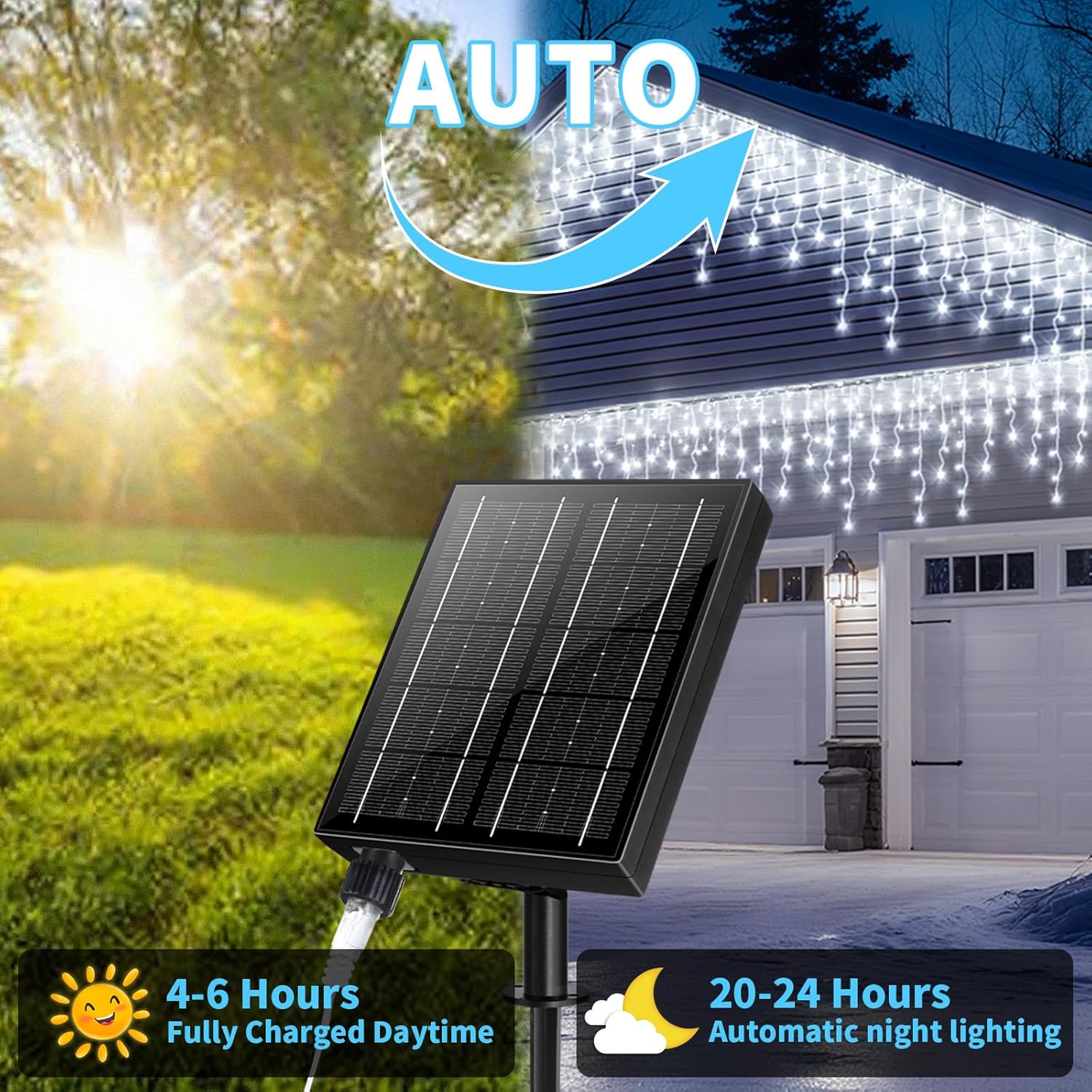 solar powered icicle lights outdoor christmas - 660led 66+16ft icicle string lights with remote, 8 modes, timer, ip65 waterproof. rechargeable battery for porch, roof, xmas decorations(cool white) cool white 660 led