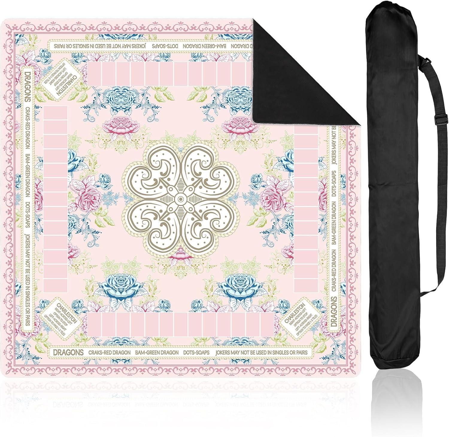 party greeting Chinoiserie Mahjong Mat with Black Carrying Bag 31.5 x 31.5 in Multi Purpose Game Table Cover Anti Slip and Noise Reduction for Mahjong Poker Board Card Dominoes Games(Pink Blue Green)