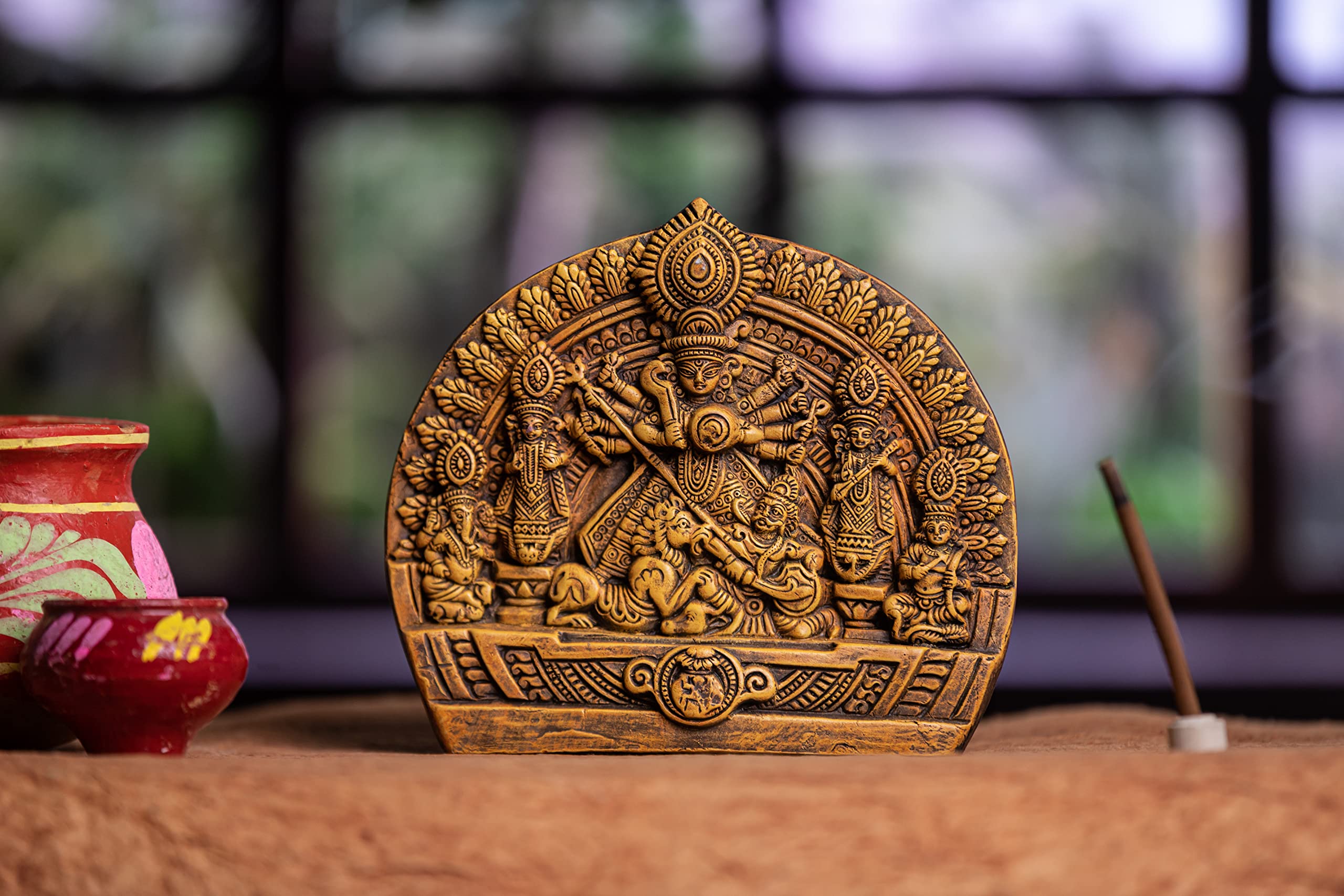 Karru Krafft Handcrafted Terracotta Goddess Durga Idol with Family 7.5" for Home Decor, Navaratri Decor, Office Decor, Corporate Gifts, Festive Gifts, (KKHDDR_217903)