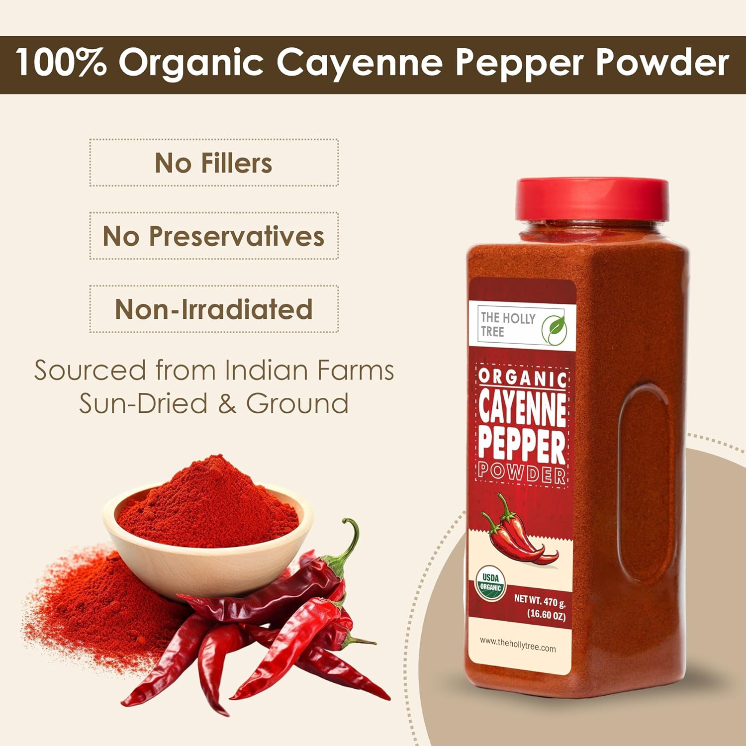 Organic Cayenne Pepper Powder 16.60 oz - Ground Red Chili for Cooking, Spices & Seasoning - Cayenne Pepper Organic, Gluten Free, USDA Ceritified, Kosher - The Holly Tree - Image 2