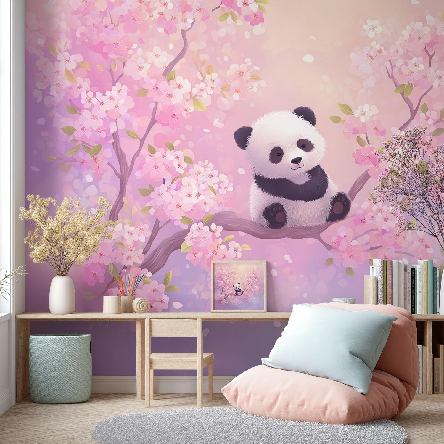 Generisch Tapeta bajeczna, słodka, kreskówka - panda, drzewo wiśni, motyw zwierzęcy - tapeta na flizelinie dekoracja ścienna nowoczesna tapeta ścienna dekoracja ścienna - tapeta z motywem - 500 x 280