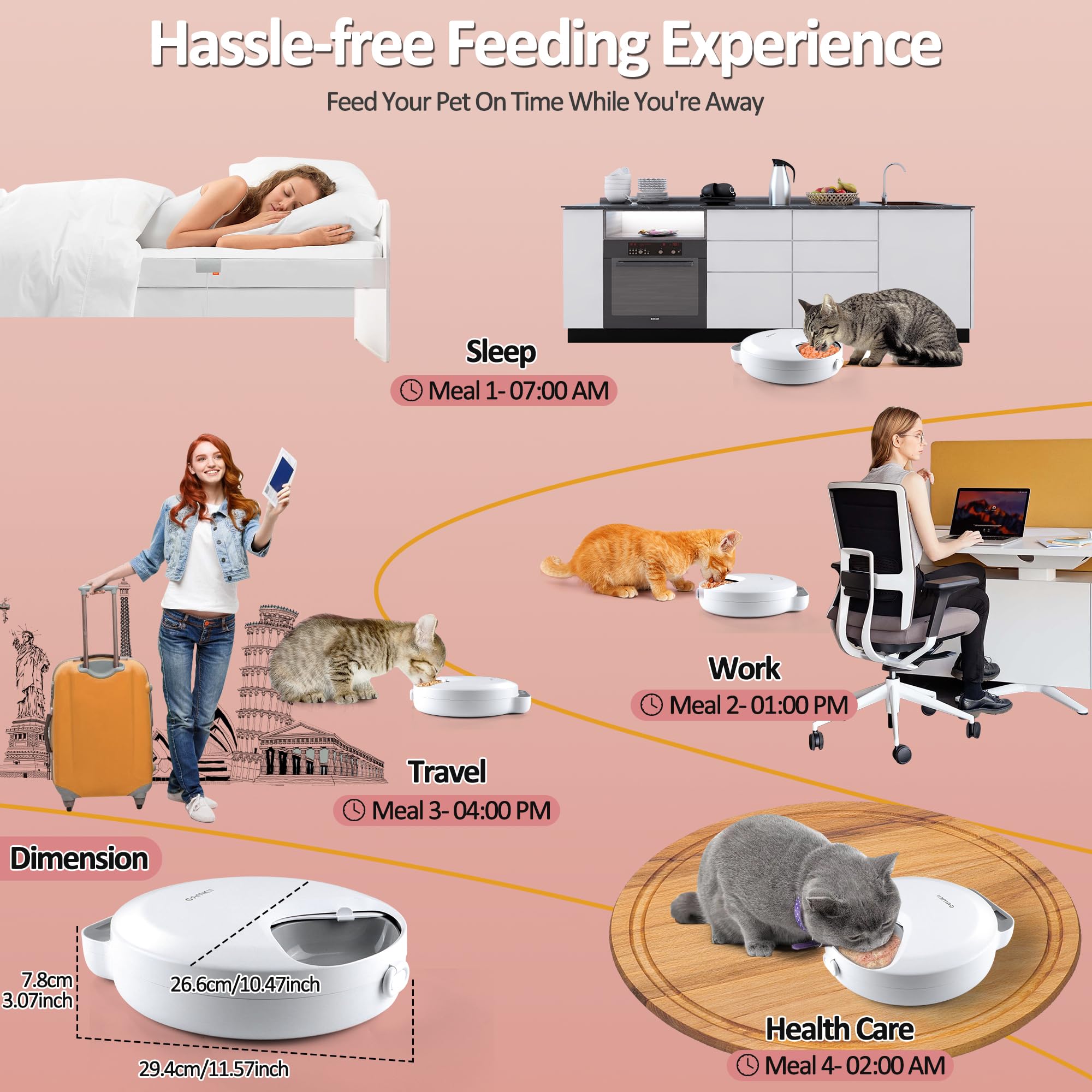 Alimentador automático para gatos, alimentador automático de alimentos húmedos/secos con 2 paquetes de hielo, temporizador programable inalámbrico de 4 comidas, dispensador automático para mascotas
