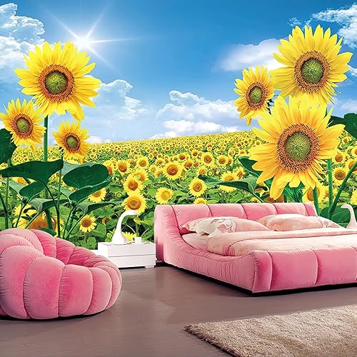 Miniatura 3 de Papel tapiz 3D de campo de girasol, papel tapiz fotográfico de cielo azul, papel tapiz fotográfico de paisaje natural, murales de pared, espacio