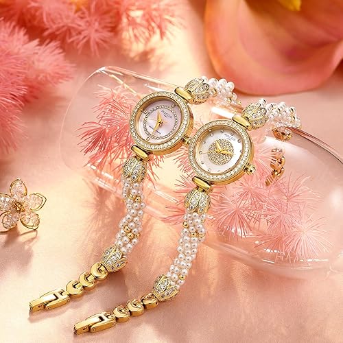 Miniatura 2 de Reloj de pulsera de oro para mujer, correa de cadena de perlas giratoria, esfera deslumbrante, impermeable, regalo para mujer R0262JF