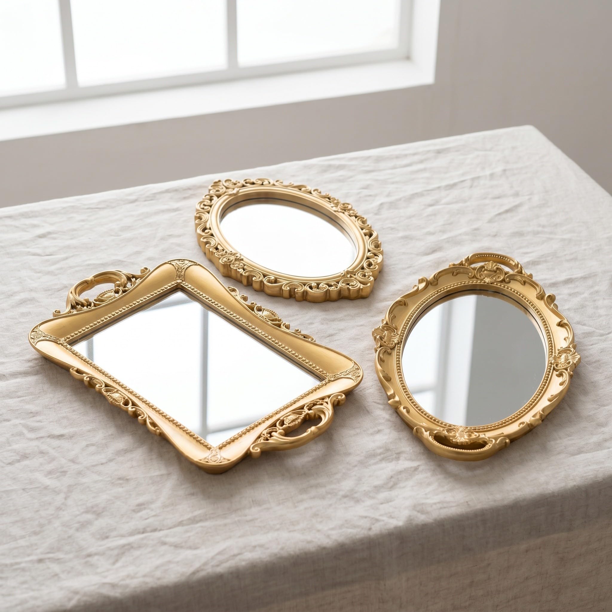 3 Pezzi Set di Specchi Vintage in Resina Oro con Organizer per Gioielli, Finitura Antica in Design D’epoca, Dimensioni 38,5x23,5 Cm, per Bagno e Camera