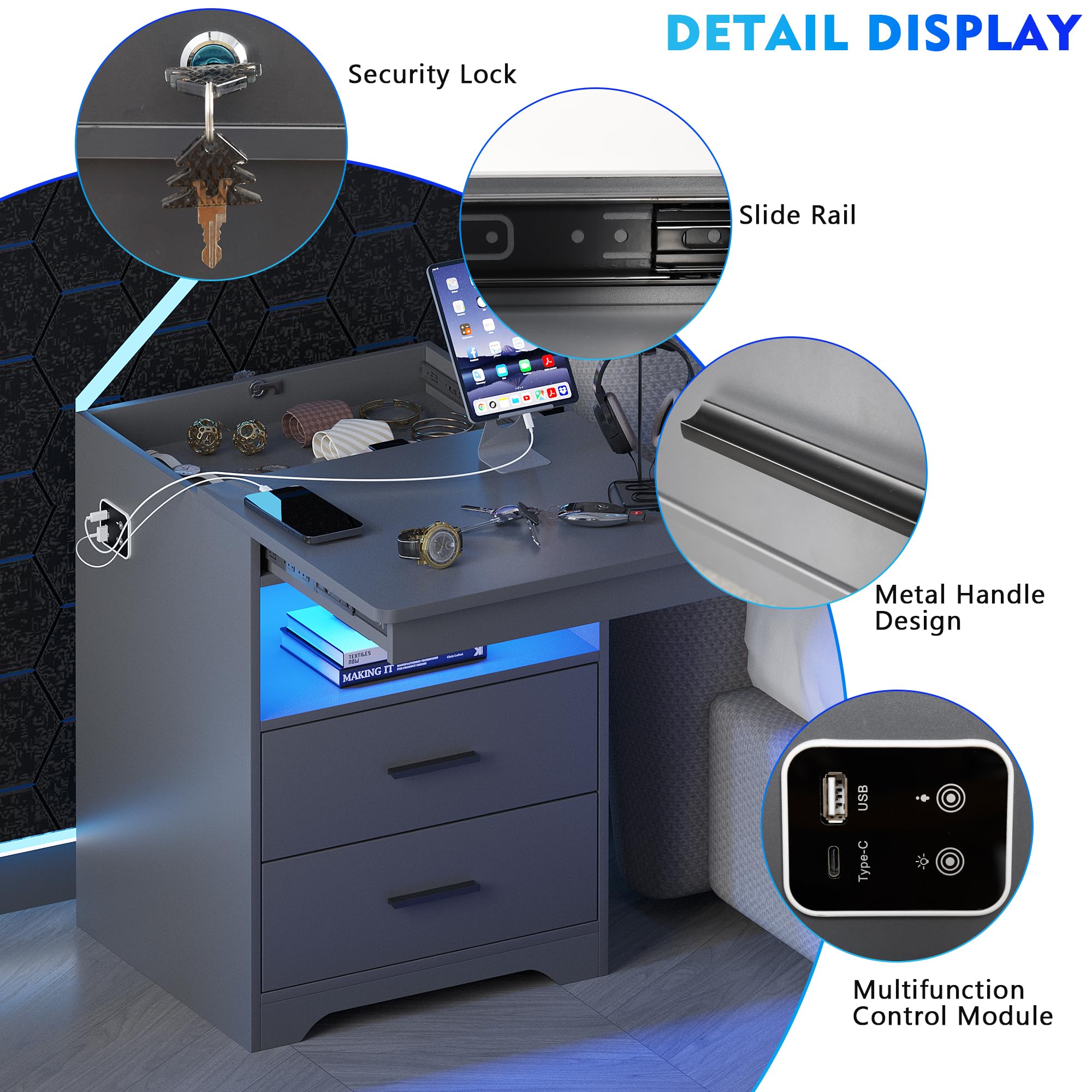 Gurexl Led-nachtkastje met 3 lichtjes, dimbaar, smart nachtkastje met oplaadfunctie, afsluitbare laden, sideboard met 3 laden, USB Type-C, woonkamer, grijs