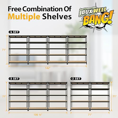 Miniatura 8 de BuxWellBang Paquete de 4 estantes de almacenamiento ajustables de 48 pulgadas de ancho x 24 pulgadas de profundidad x 72 pulgadas de alto, 5