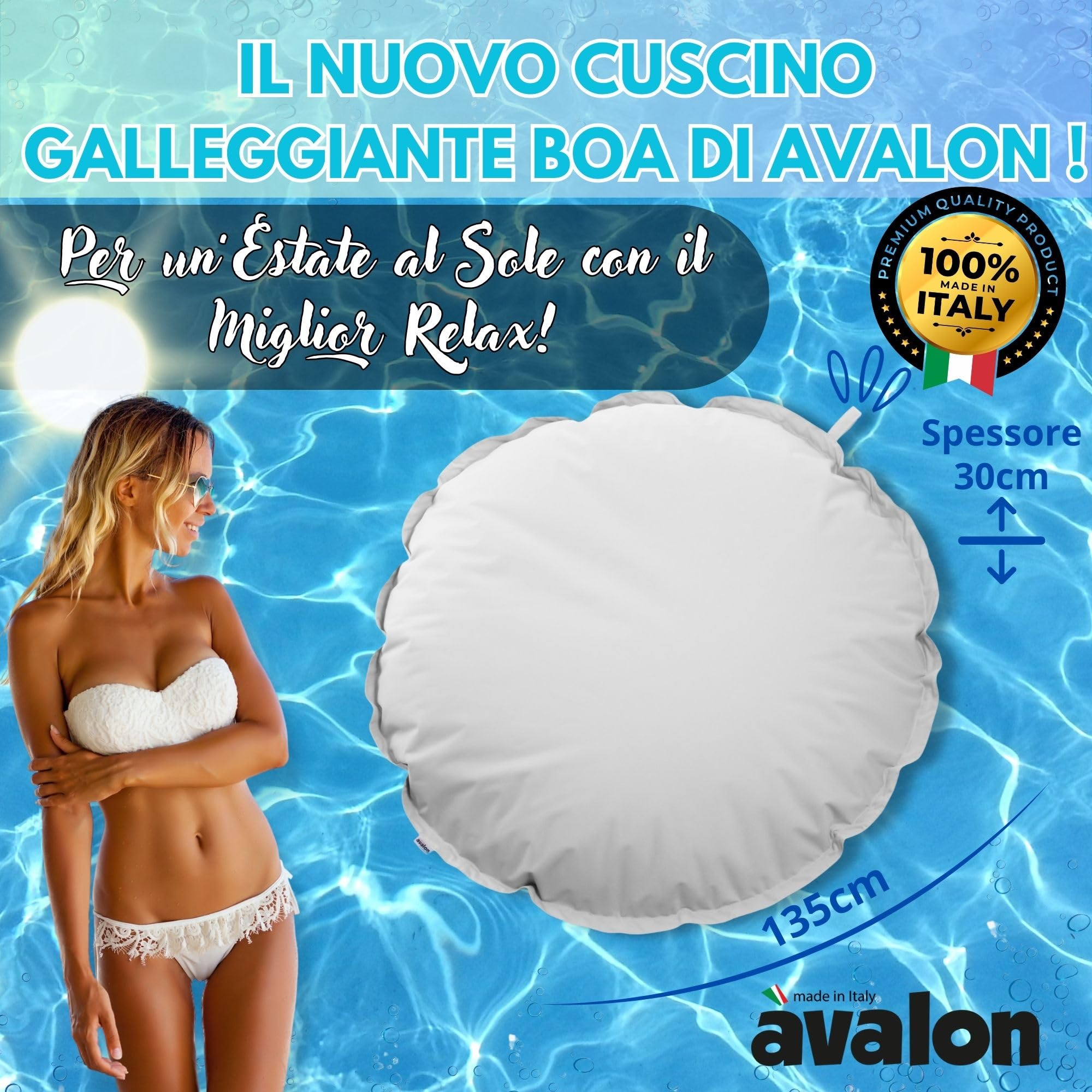 Avalon - Cuscino Galleggiante per Piscina Pouf Poltrona Sacco BOA, Pouffe Amaca, Pouf a Sacco in Tessuto Tecnico Antistrappo e Impermeabile, Arredo Moderno, Made in Italy(135xh30cm-Grigio)