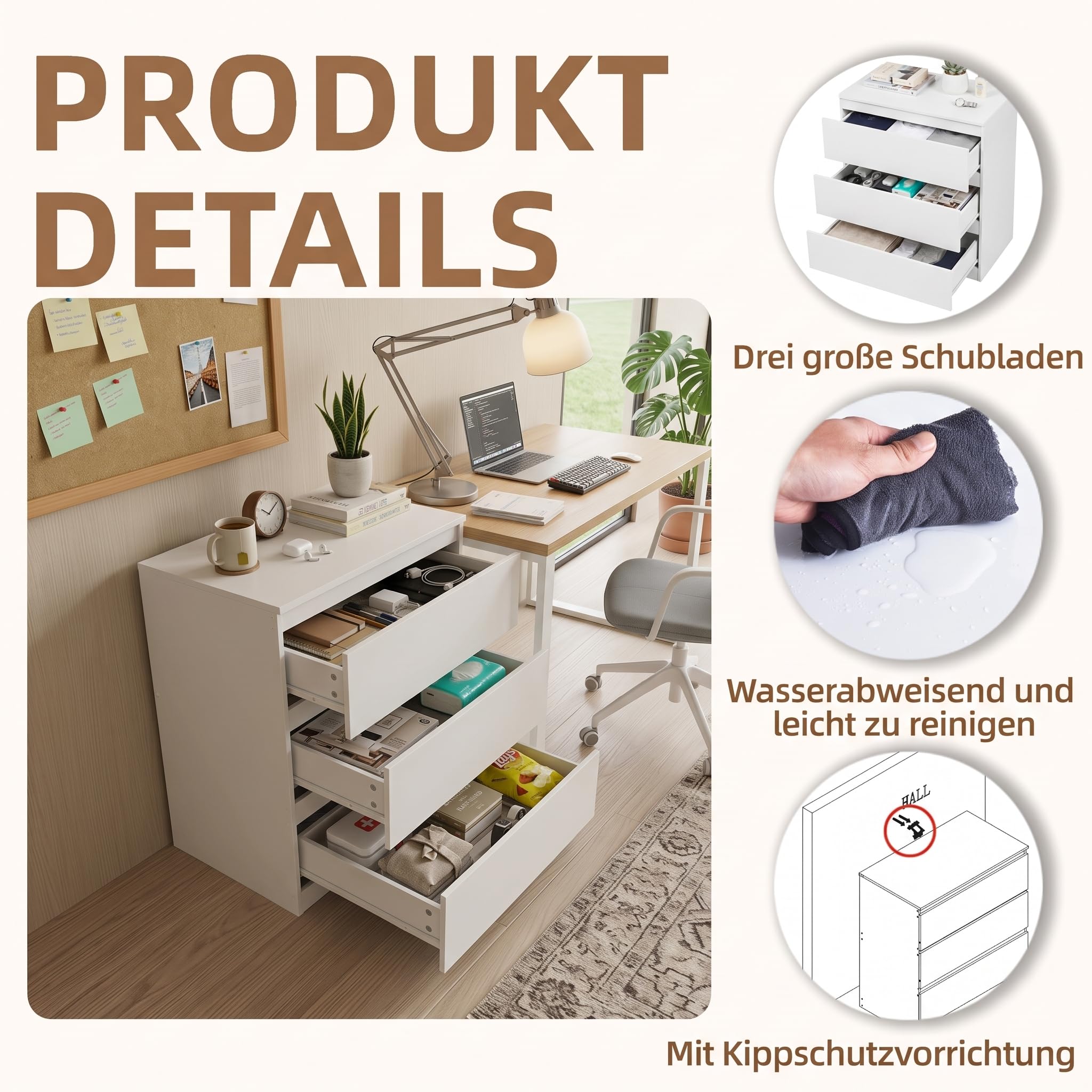 2er Set Komodenschrank für Schlafzimmer 60 cm Breit Kommode Weiß mit 3 Schubladen, Nachtkasten Schubladenkommode Kommode&Sideboard Komoda Weiss für Büro Wohnzimmer Schlafzimmer Flur Möbel(60x40x70CM)