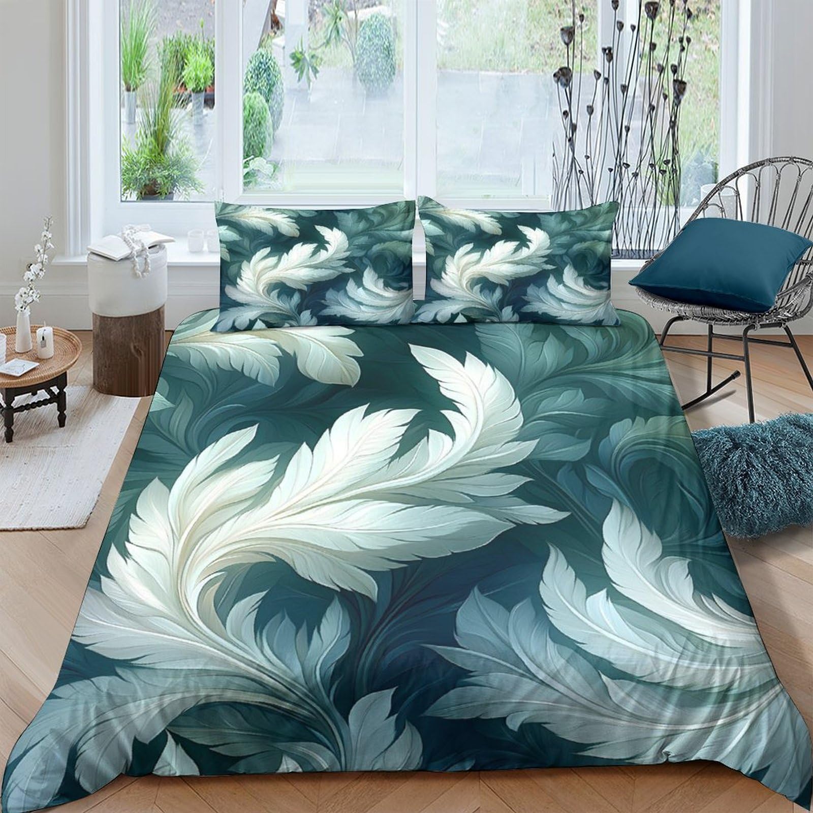Ctjqhvkz Style-9 3D Printed Feather Leaf Fitted Sheet Microfiber Soft Breathable Green Botanical Bed Cover For Bedroom Guest Room Decor Single（135X200cm）