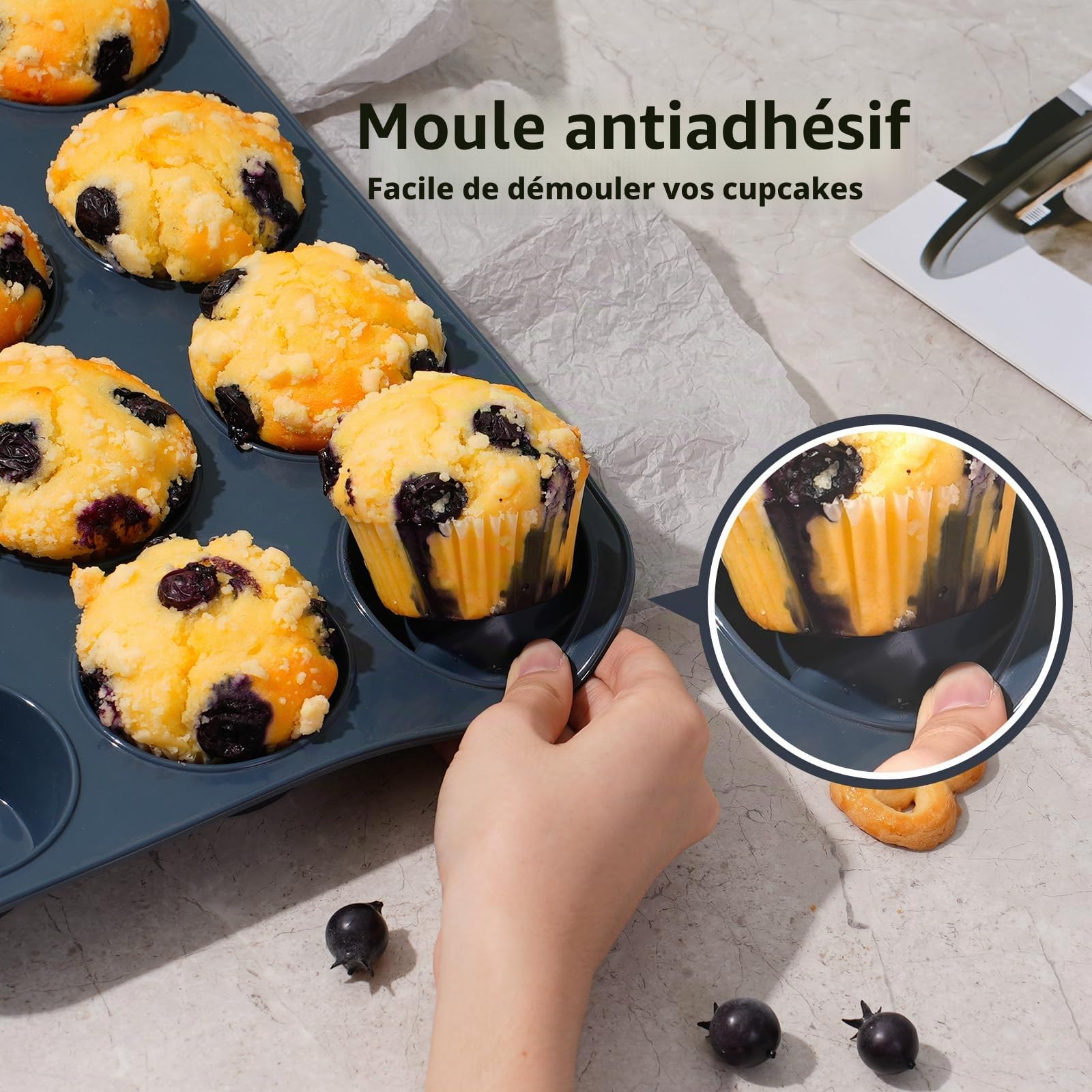 Moule à Muffins en Silicone Anti-adhésif 33 x 25 x 3 cm Gris Plaque Pâtisserie Cupcakes Brownies Pudding