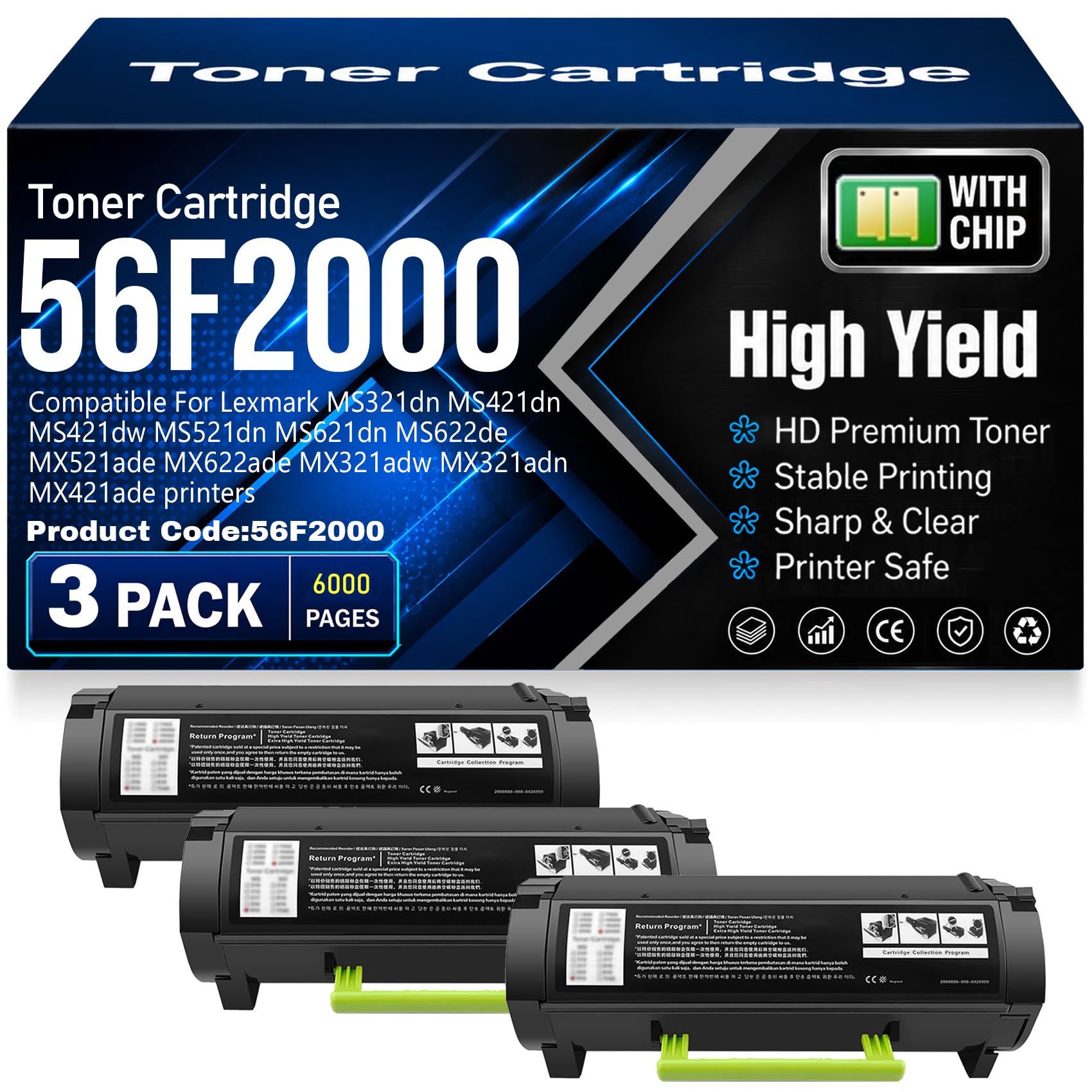 Cartucce toner compatibili 56F2000 con chip per Lexmark MS321dn MS421dn MS421dw MS521dn MS621dn MS622de MX521ade MX622ade MX321adw MX321adn MX421ade Stampanti