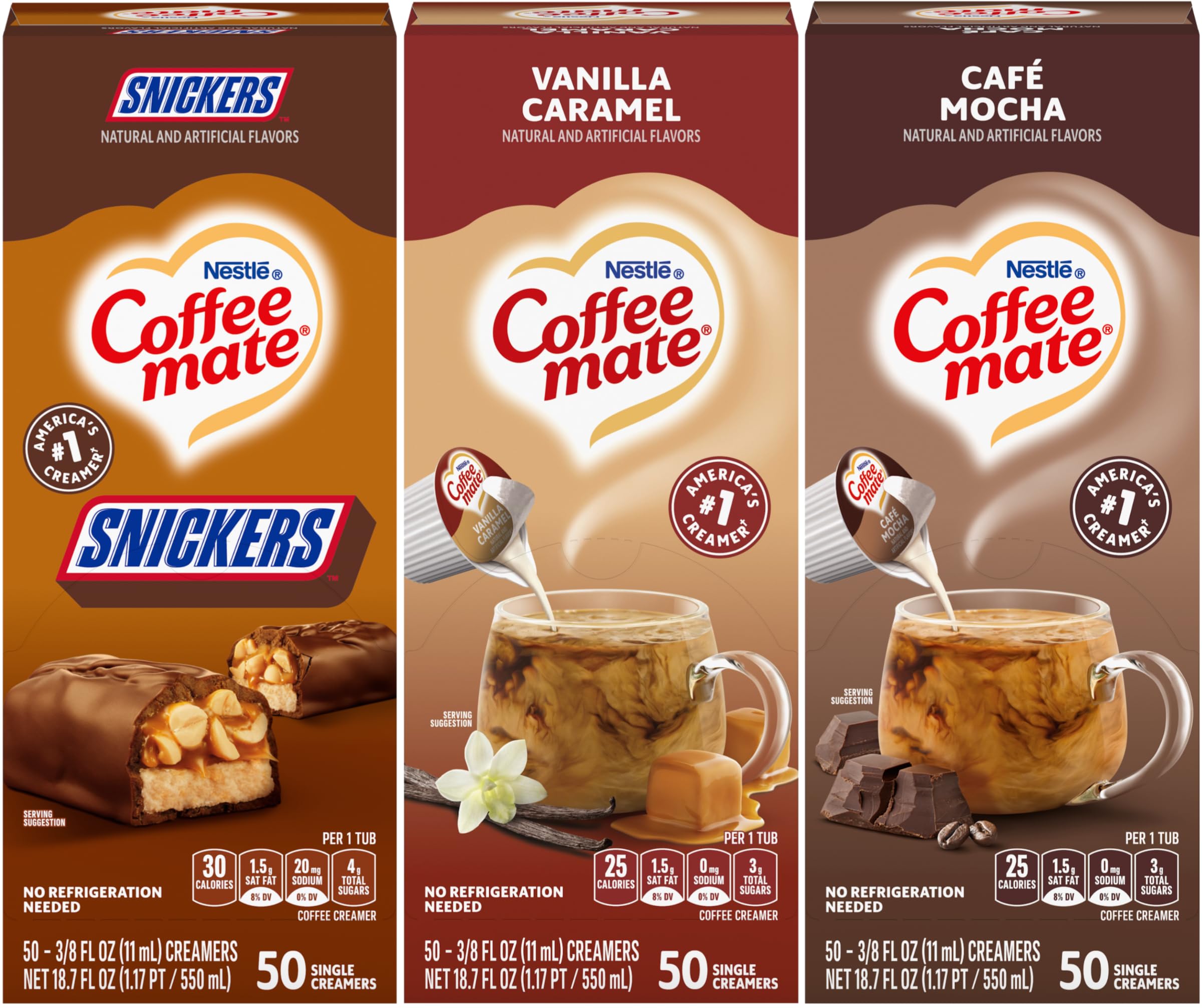 Nestle Coffee mate Liquid Coffee Creamer Singles Variety Pack, Snickers, Vanilla Caramel, Cafe Mocha, 50 Ct Box (Pack of 3)